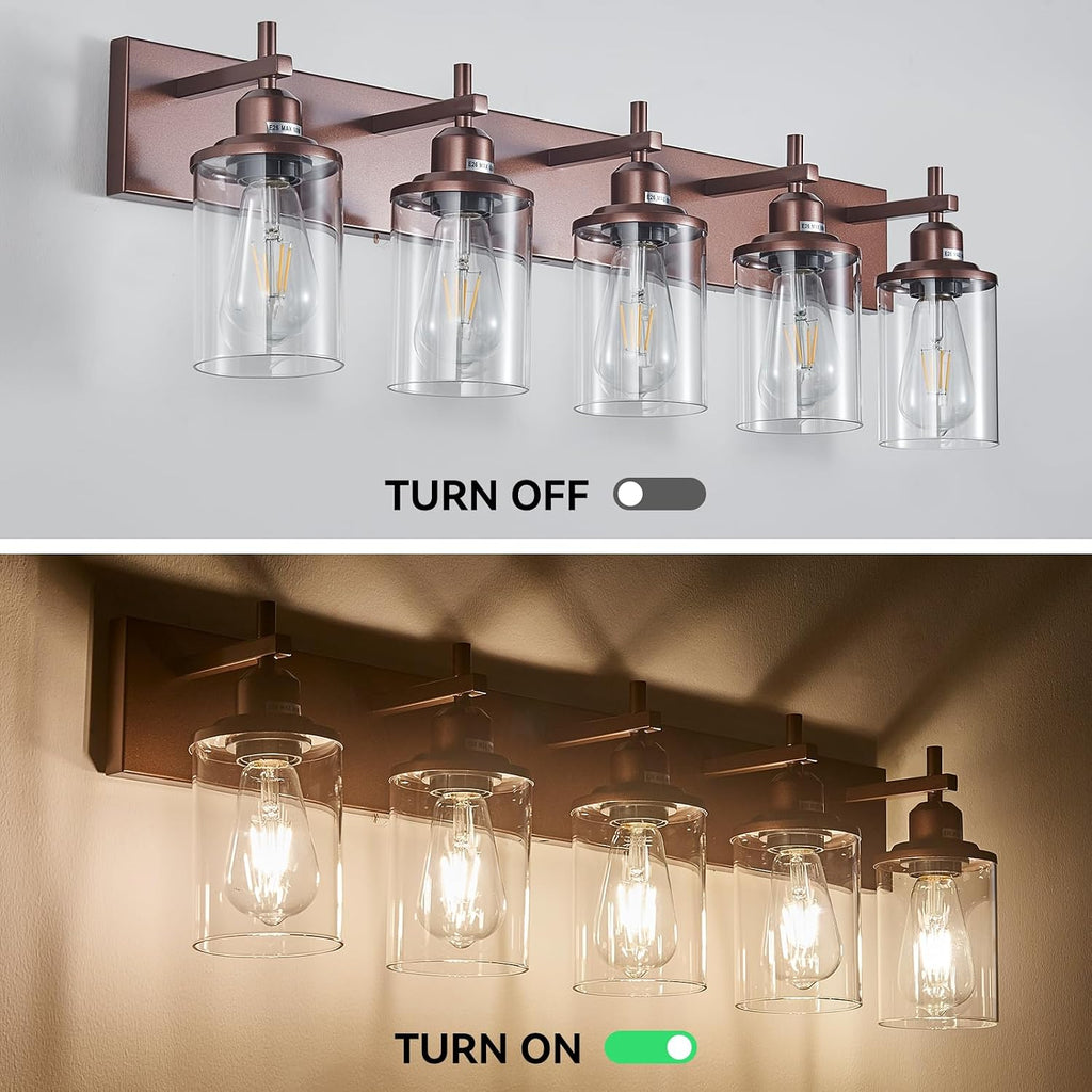 Lanhall 5-Light Bronze Bathroom Light Fixtures Over Mirror,Modern Bathroom Vanity Light with Clear Glass Shade, Wall Sconce for Bathroom Hallway Cabinet Bedroom Kitchen Living Room Foyer E26 Base