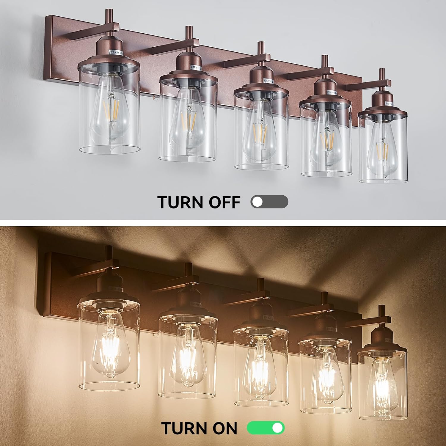 Lanhall 5-Light Bronze Bathroom Light Fixtures Over Mirror,Modern Bathroom Vanity Light with Clear Glass Shade, Wall Sconce for Bathroom Hallway Cabinet Bedroom Kitchen Living Room Foyer E26 Base