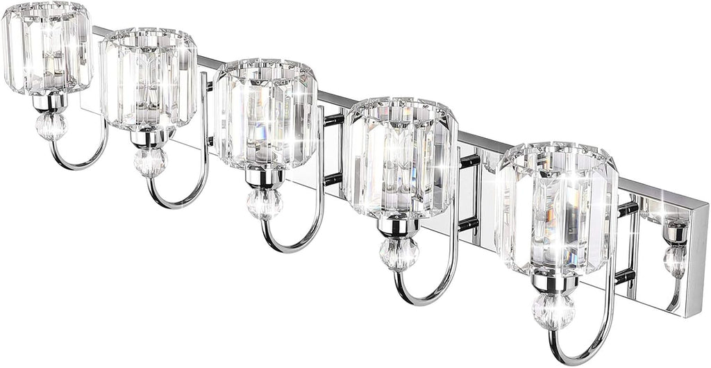 Ralbay Modern LED Crystal Bathroom Vanity Lights 5-Lights Stainless Steel Crystal Vanity Lights Over Mirror Modern Crystal Bathroom Vanity Lighting Fixtures