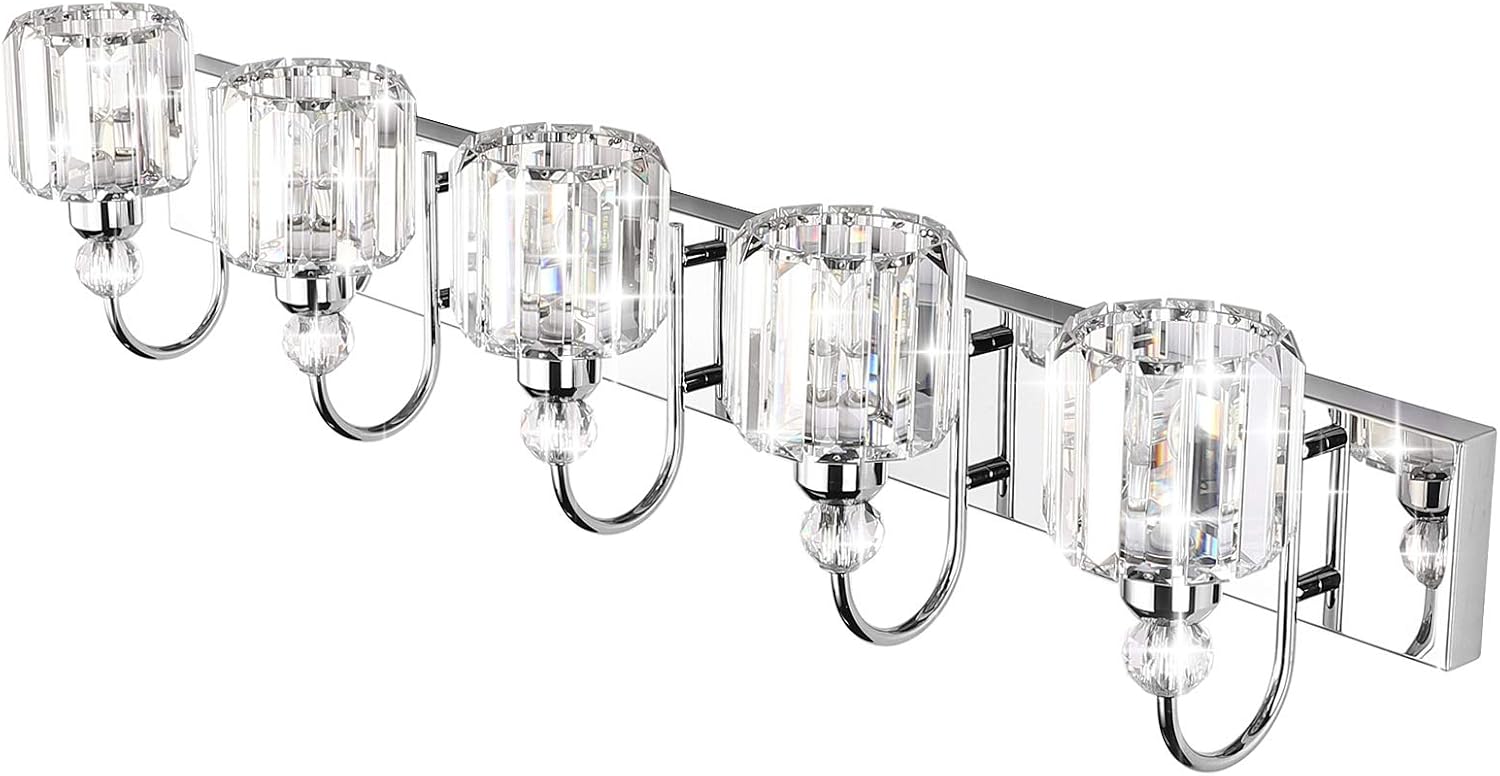 Ralbay Modern LED Crystal Bathroom Vanity Lights 5-Lights Stainless Steel Crystal Vanity Lights Over Mirror Modern Crystal Bathroom Vanity Lighting Fixtures