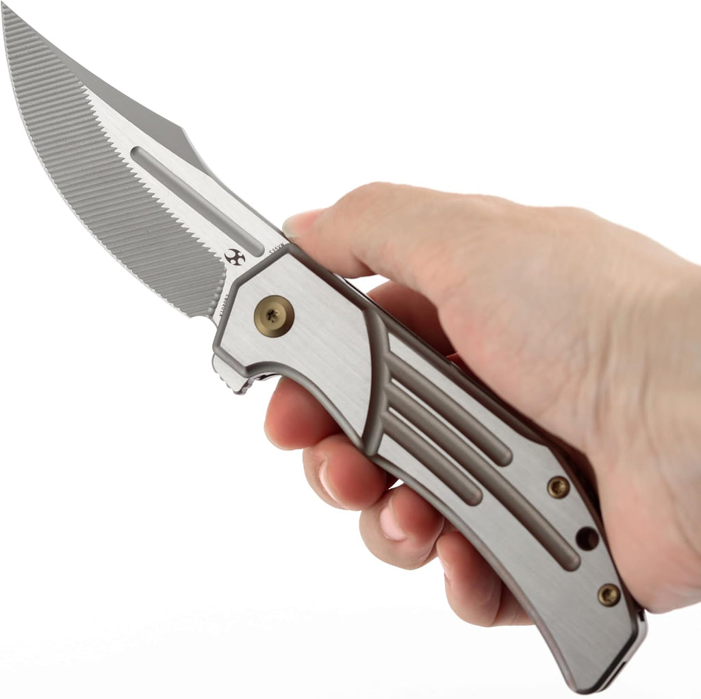 KANSEPT Orion Pocket Knife, 3.07' Machine Satin S35VN Blade with Blood Groove and Bronze Anodized Titanium Handle Both Crafted with CNC Milling, Flipper EDC Folding Knife for Camping, Hunting K1089B3