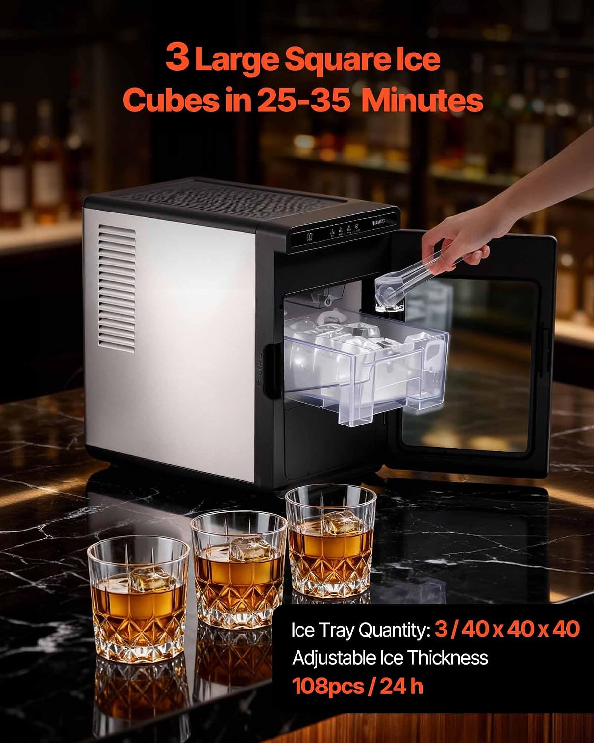 VEVOR 1.6' Clear Ice Cube Maker, 3 Square Ice Ready in 25–35 Mins, 108 Pcs/Day, 24H Timer Ice Maker Countertop for Cocktails, Whiskey & Bourbon