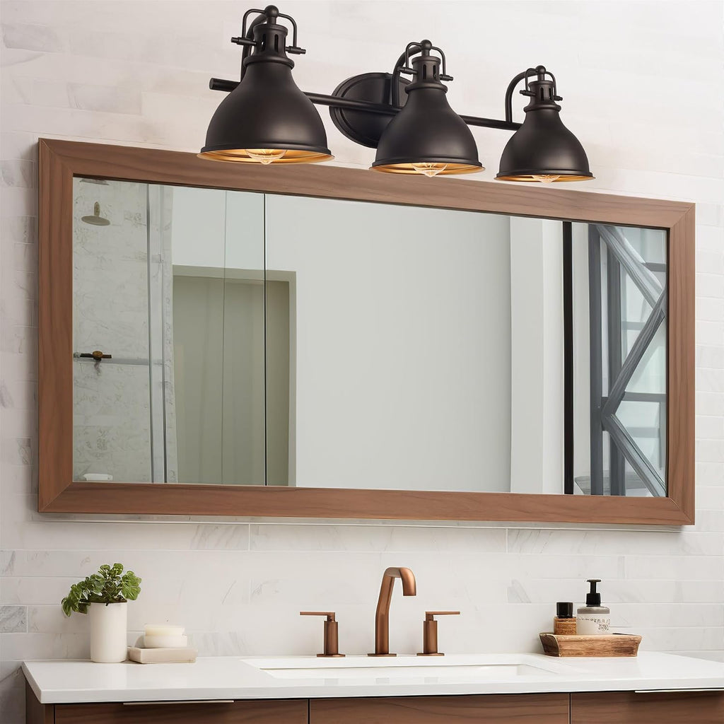Kira Home Beacon 27' 3-Light Industrial Bathroom Vanity Light with Brass Interior Shades, Modern Farmhouse Wall Sconce, Oil Rubbed Bronze Finish