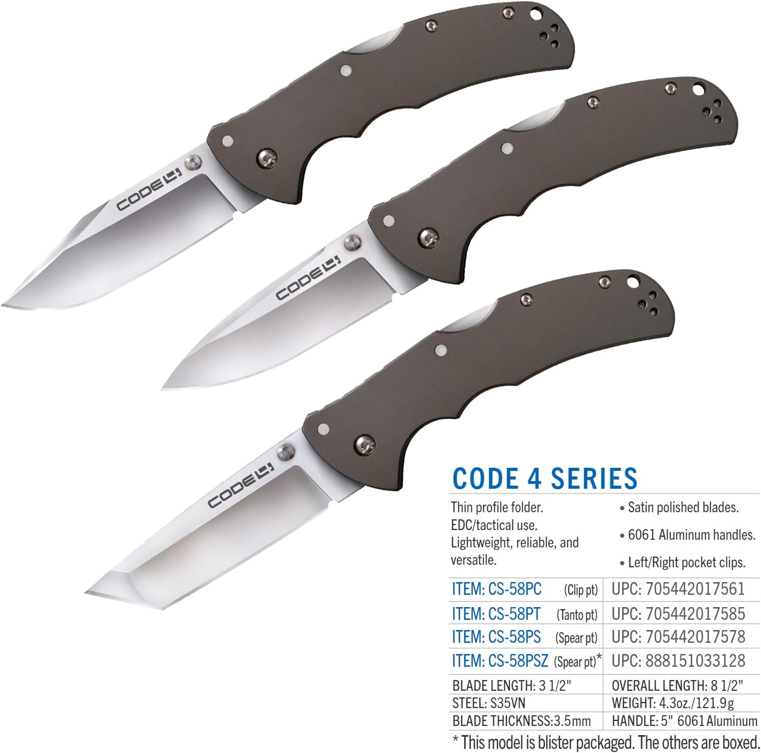 COLD STEEL Code 4 3.5' S35VN Razor-Sharp Blade 5' 6061 Aluminum Handle Everyday Carry Tactical Folding Knife w/Tri-Ad Locking Mechanism