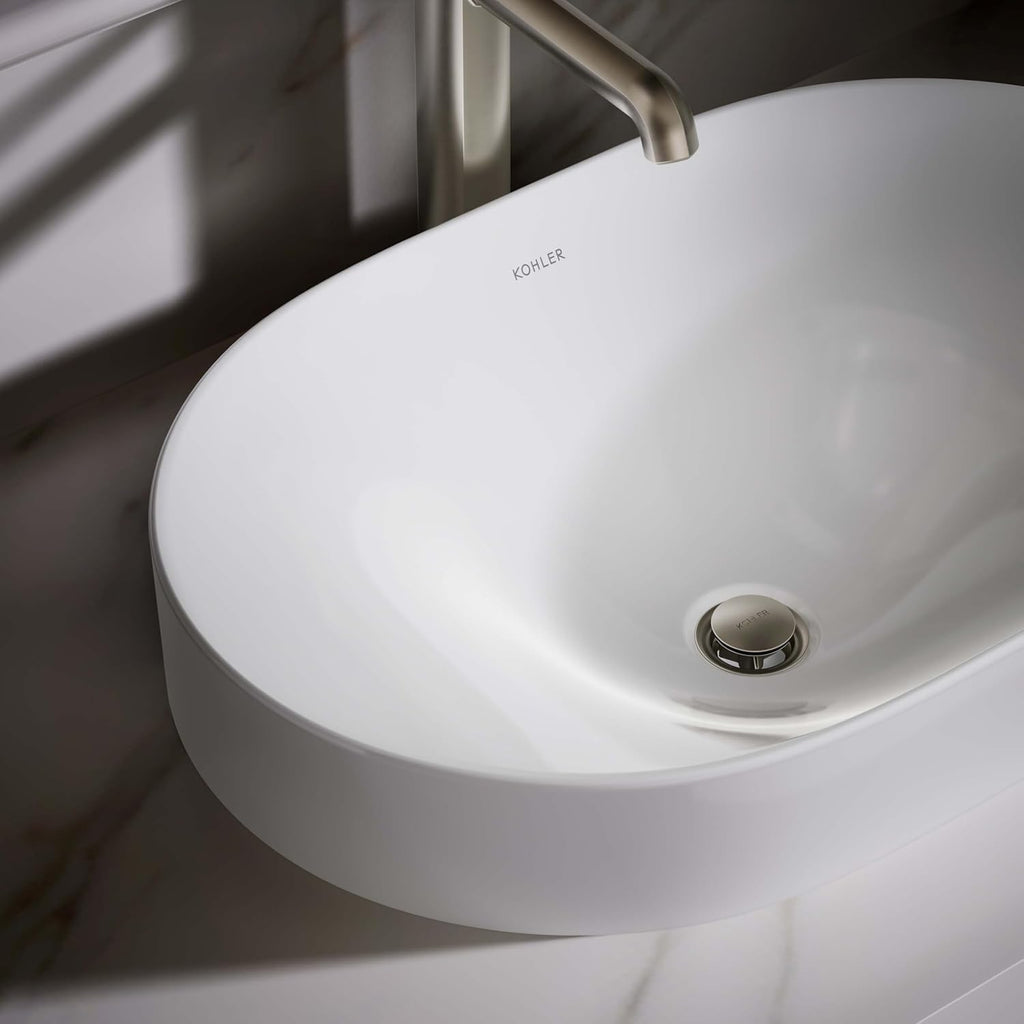 KOHLER 31701-0 Chalice 22-3/4' Oval Bathroom Vessel Sink, Above Counter Vanity Sink Basin, with Overflow, No Faucet Holes, White