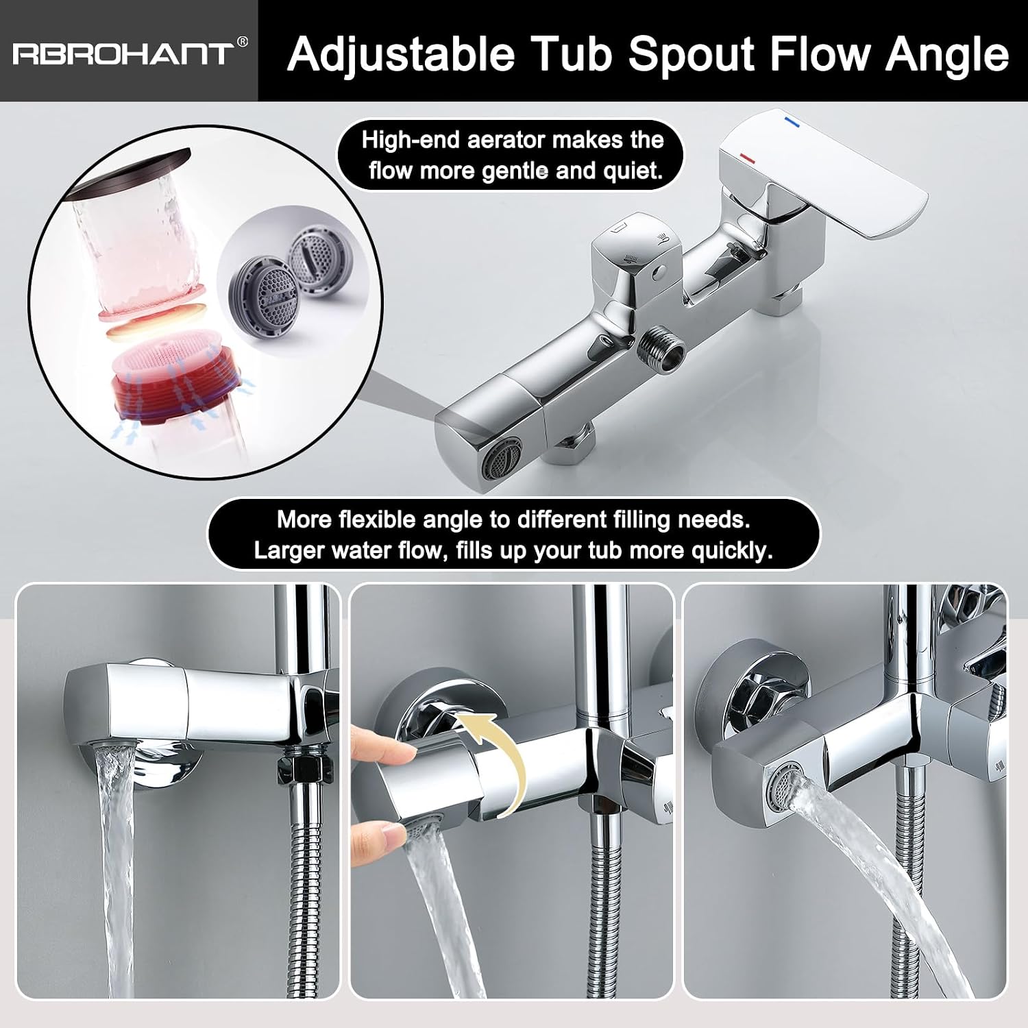 RBROHANT Exposed Shower System with Tub Spout, Polished Chrome Exposed Pipe Shower Faucet with 3 Functions Brass Shower Valve, Shower Height Adjustable, Wall Mounted