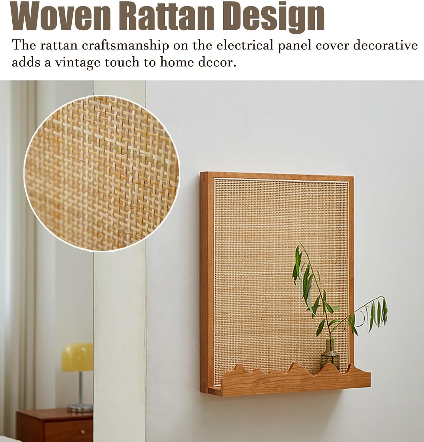 Electrical Panel Cover Wooden Frame Electric Panel Cover, Fuse Box Cover with Rattan Mesh & Shelf, Breaker Box Cover Suspension Mounting, Living Room/ Farmhouse Decor(WXL-45 x 55CM-17 3/4 x 21 5/8')