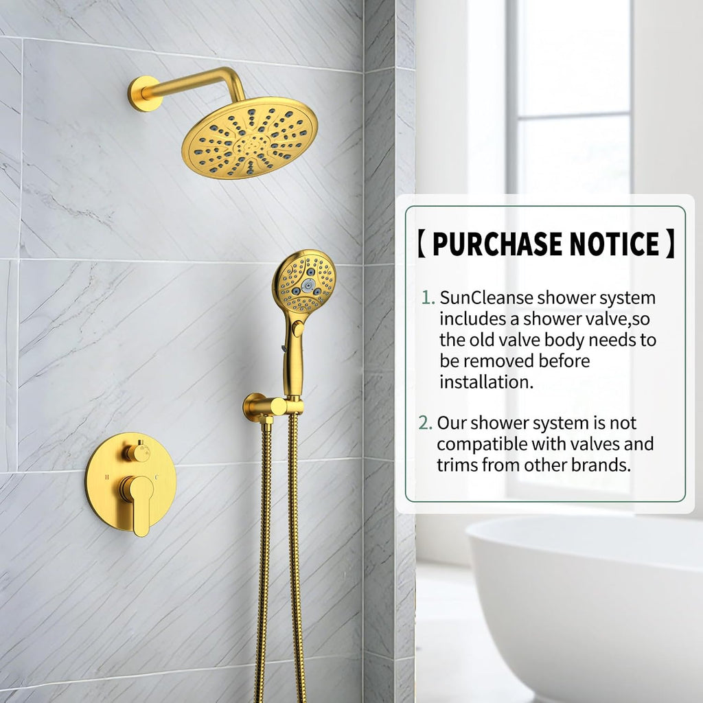 Suncleanse Gold Shower Faucet Sets - 8.5' Rain Shower Head Combo with 7-Setting handheld Spray Complete Shower System - Rainfall Shower Fixtures with Rough-in Valve and Trim Kit for Luxury Bathroom