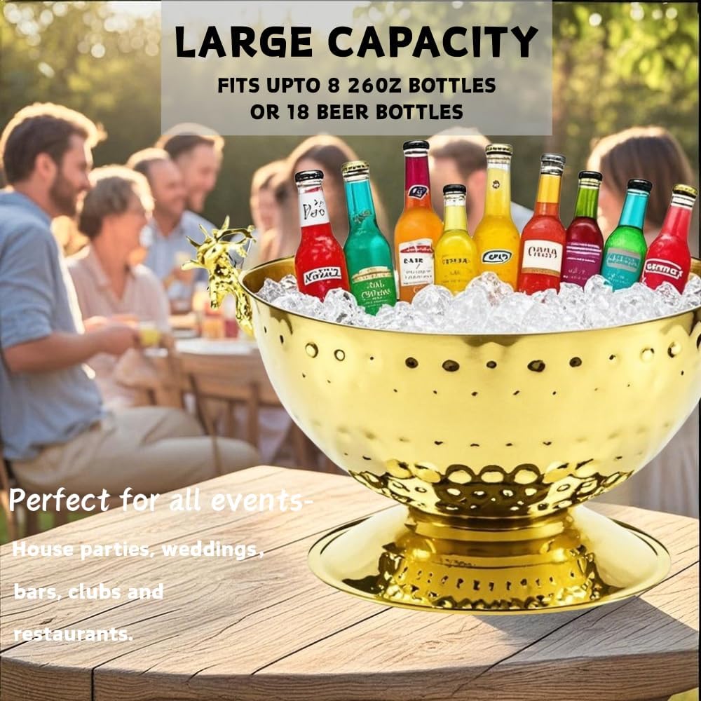 Luxurious Ice Bucket for Parties,Party Sized 12L Drink Cooler for Parties,Gold Stainless Steel Ultimate Champagne Bucket with Antler-Shaped Handle,Large Ice Bucket for Events