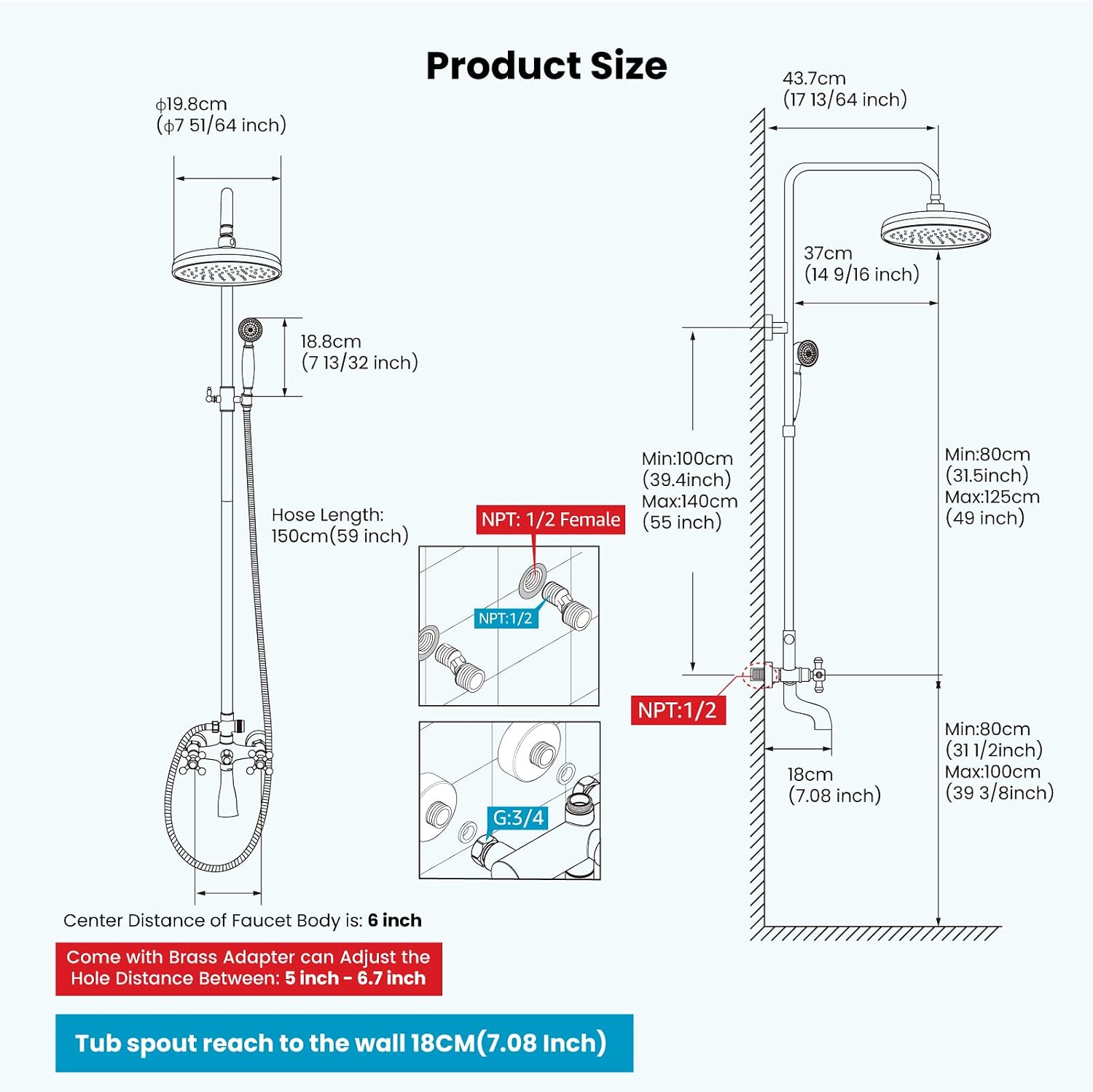 gotonovo Bathroom Shower Faucet Rain Mixer 8 Inch Round Shower Head Double Cross Handle with Tub Spout Wall Mount Bathroom Shower Fixtures 3 Function Metal Handheld Sprayer Brushed Nickel