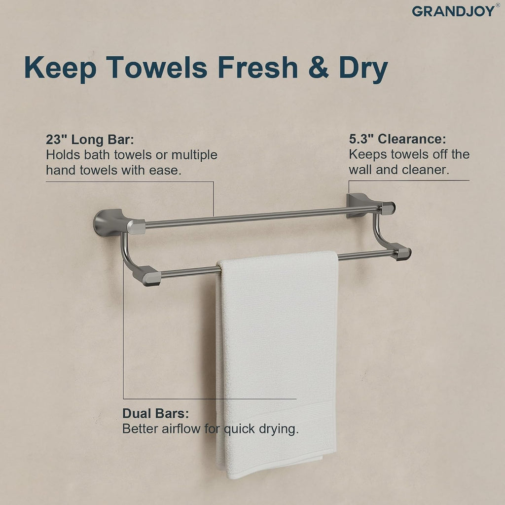 4-Piece Brushed Nickel Bathroom Hardware Set, 304 Stainless Steel Rustproof Wall Mounted, 24 Inch Double Towel Rack, Towel Ring, Robe Hook, Toilet Paper Holder