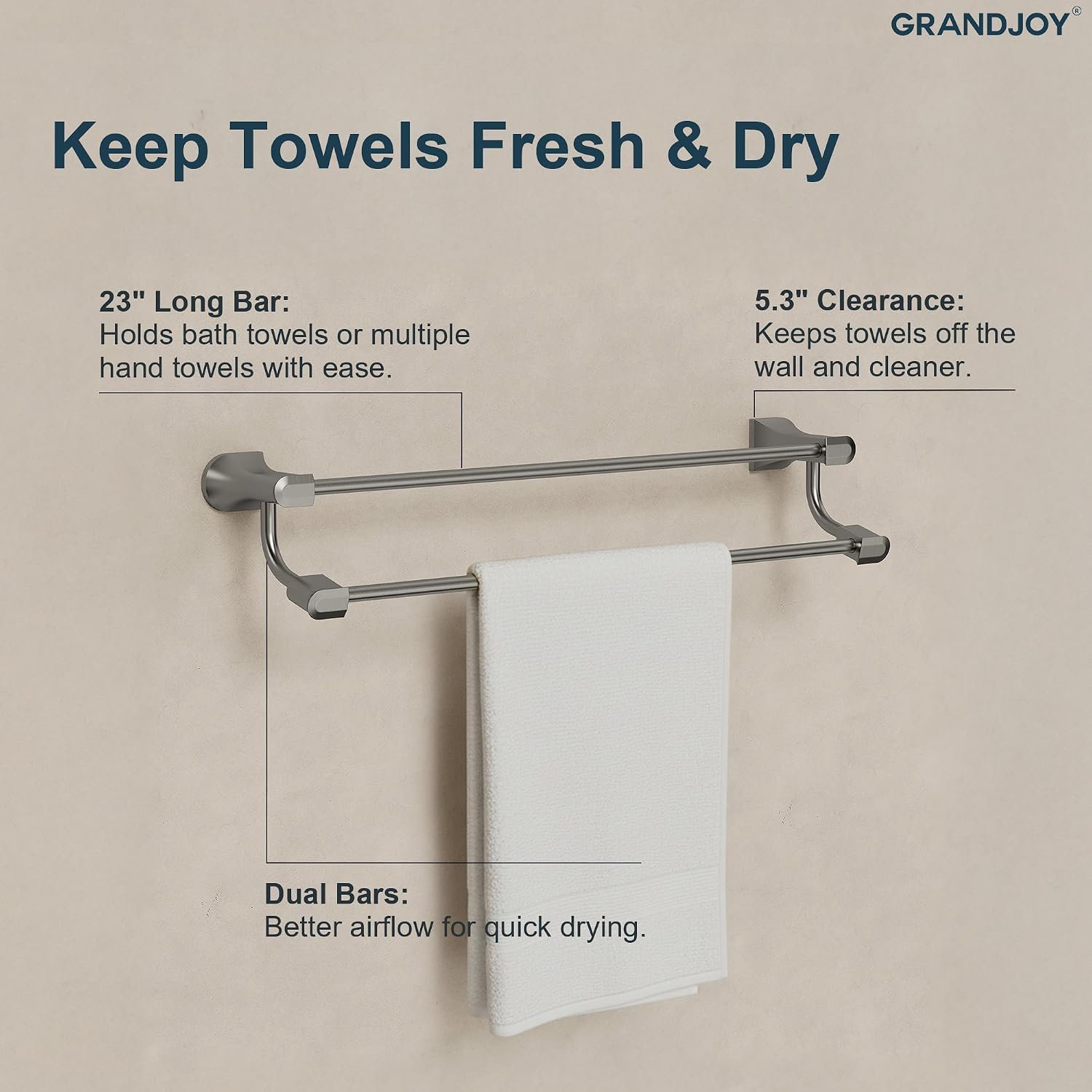 4-Piece Brushed Nickel Bathroom Hardware Set, 304 Stainless Steel Rustproof Wall Mounted, 24 Inch Double Towel Rack, Towel Ring, Robe Hook, Toilet Paper Holder