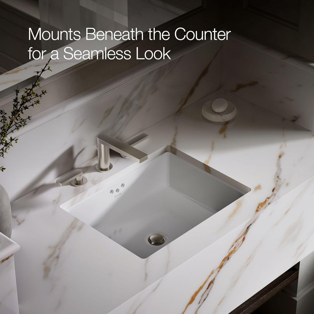 KOHLER K-2330-0 Kathryn 19-3/4' Rectangular Under-Mount Bathroom Sink, Vitreous Lavatory Vanity Sink with Overflow, No Faucet Holes, White