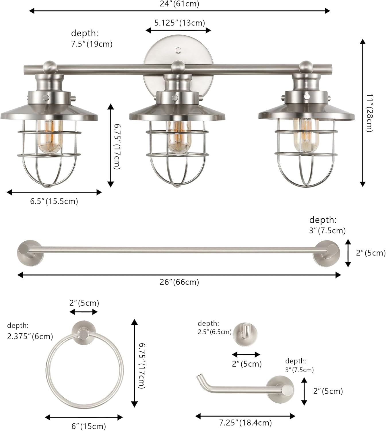 JONATHAN Y JYL1506B Ellis 24' 3-Light Industrial Farmhouse Vanity Light with Bathroom Hardware Accessory Set, Brushed Nickel (5-Piece) - Towel Bar & Ring, Toilet Paper Holder, Robe Hook
