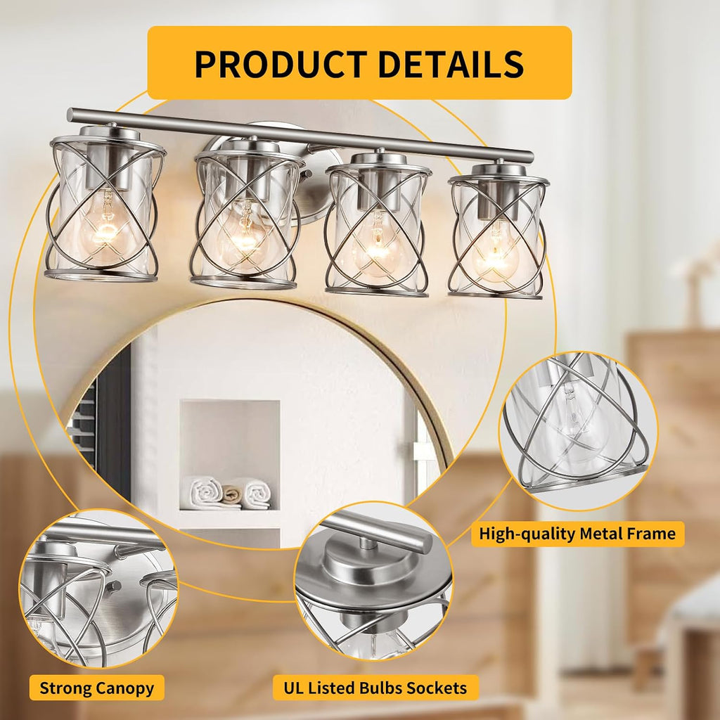 mavcadonf 4-Lights Bathroom Vanity Lights, Bathroom Light Fixtures Over Mirror, Brushed Nickel Vanity Light, Farmhouse Wall Lights with Clear Glass Shade, Bathroom Wall Lamp for Mirror Kitchen Bedroom