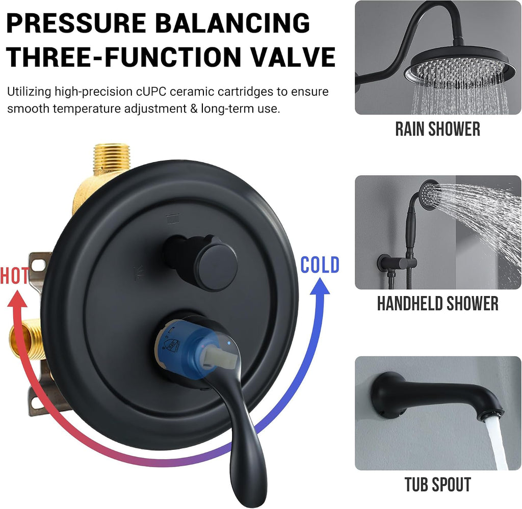 DASAN Matte Black Shower System with Tub Spout, Tub and Shower Faucet Combo Set with Valve & Trim Kit Bathtub Shower Faucet Set Bathtub Shower System with Rainfall Shower Head & Handheld, AT309W-MB