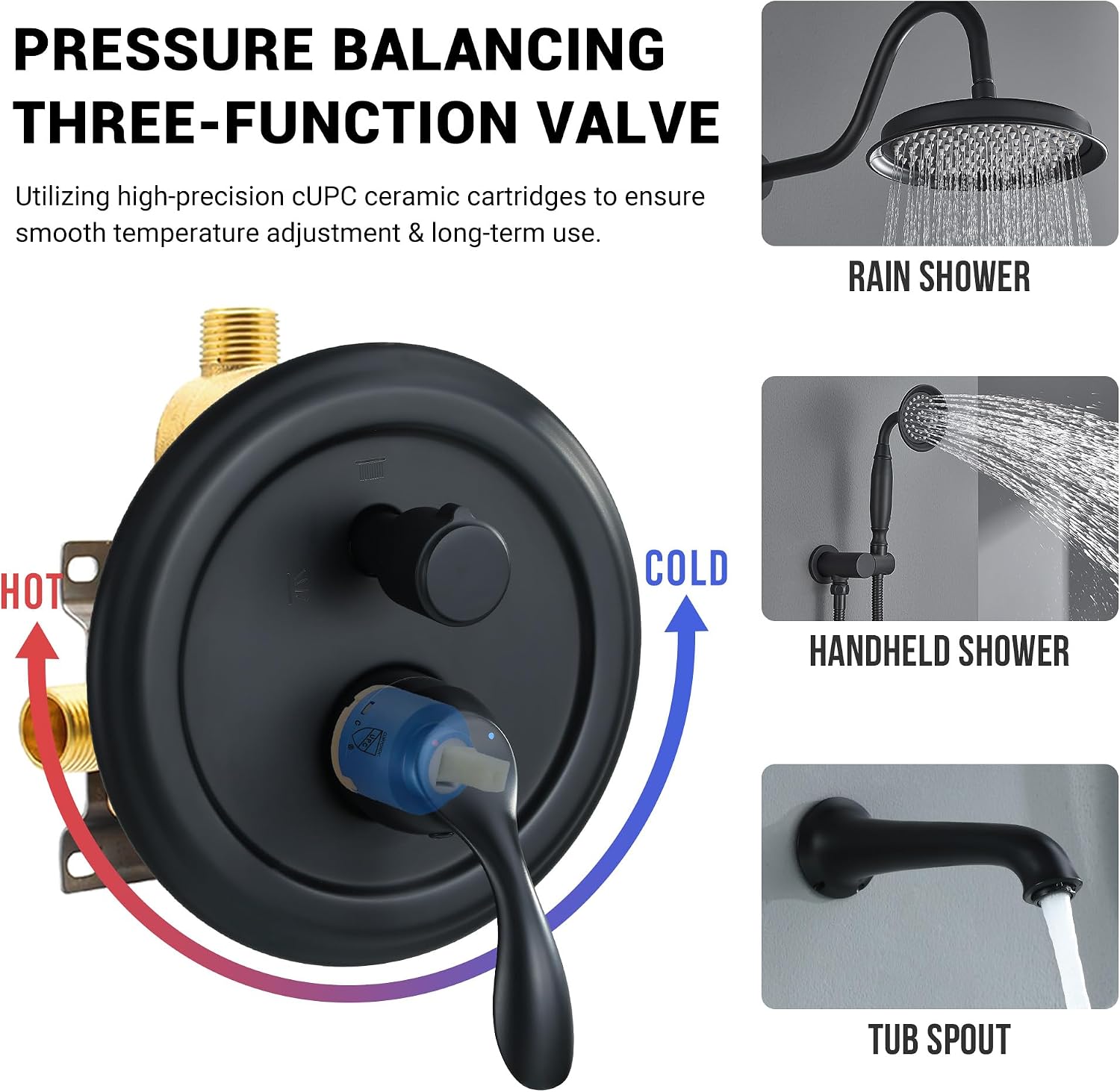 DASAN Matte Black Shower System with Tub Spout, Tub and Shower Faucet Combo Set with Valve & Trim Kit Bathtub Shower Faucet Set Bathtub Shower System with Rainfall Shower Head & Handheld, AT309W-MB