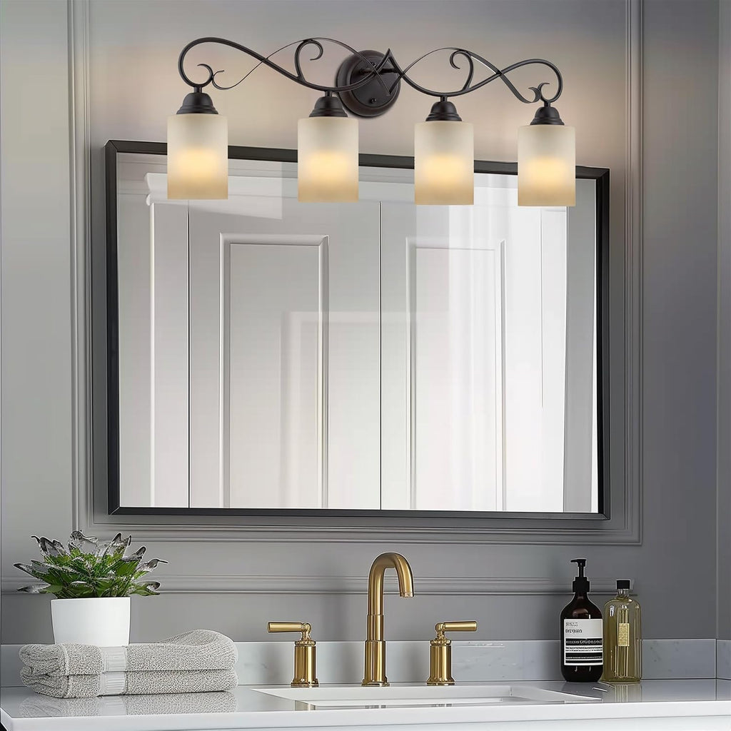 Kira Home Villa 31' Traditional 4-Light Bathroom Vanity Light with Scrollwork Design and Frosted Amber Glass Shades, Oil Rubbed Bronze Finish