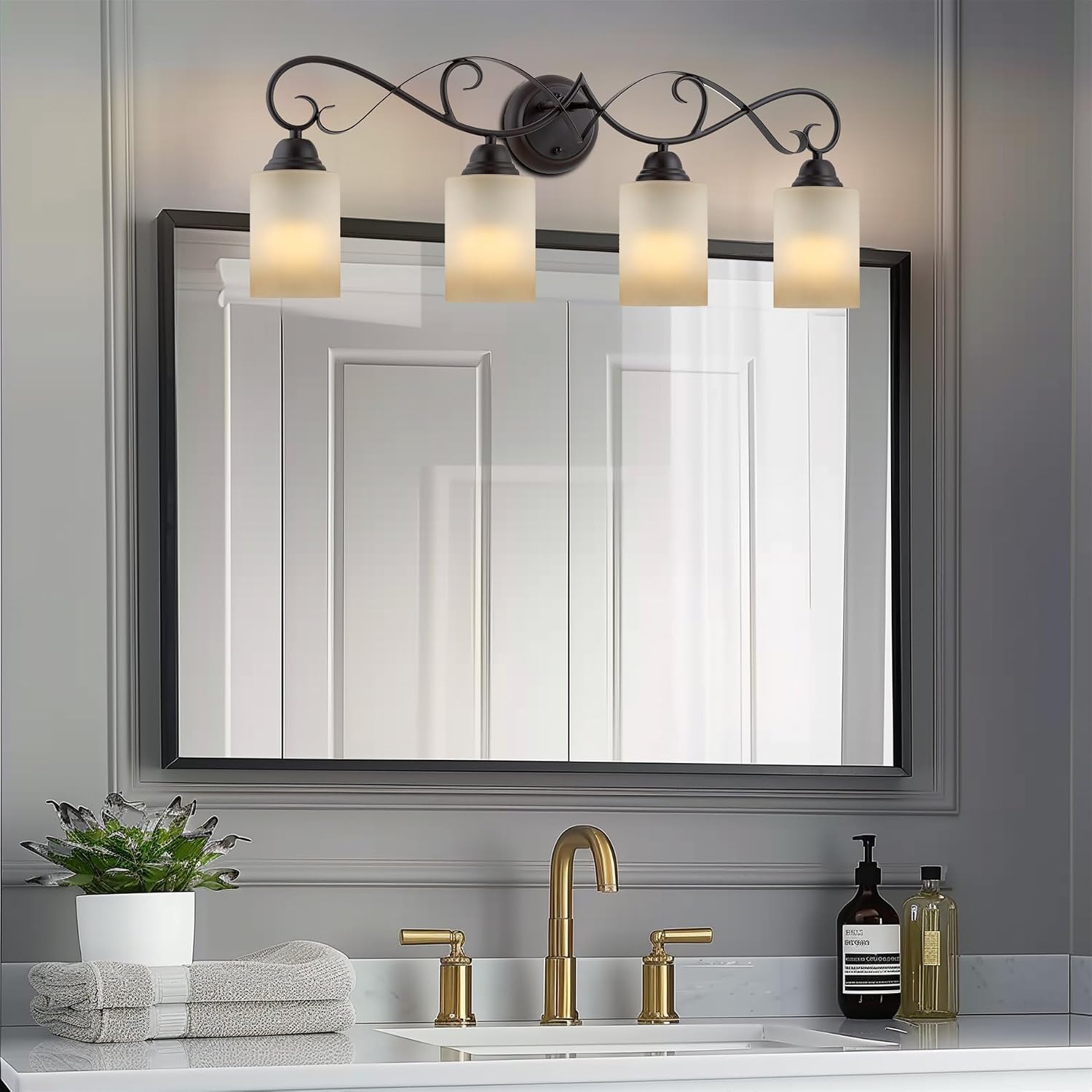 Kira Home Villa 31' Traditional 4-Light Bathroom Vanity Light with Scrollwork Design and Frosted Amber Glass Shades, Oil Rubbed Bronze Finish