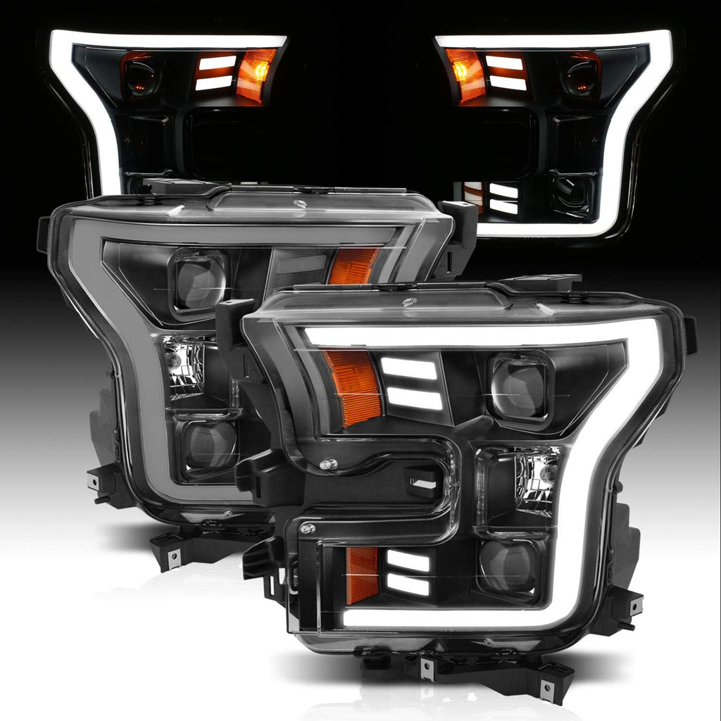 AmeriLite For 2015-2017 Ford F150 Pickup [Halogen Type] Black LED Tube Parking Light Bar Dual Square Projector Headlights Set - Driver and Passenger Side