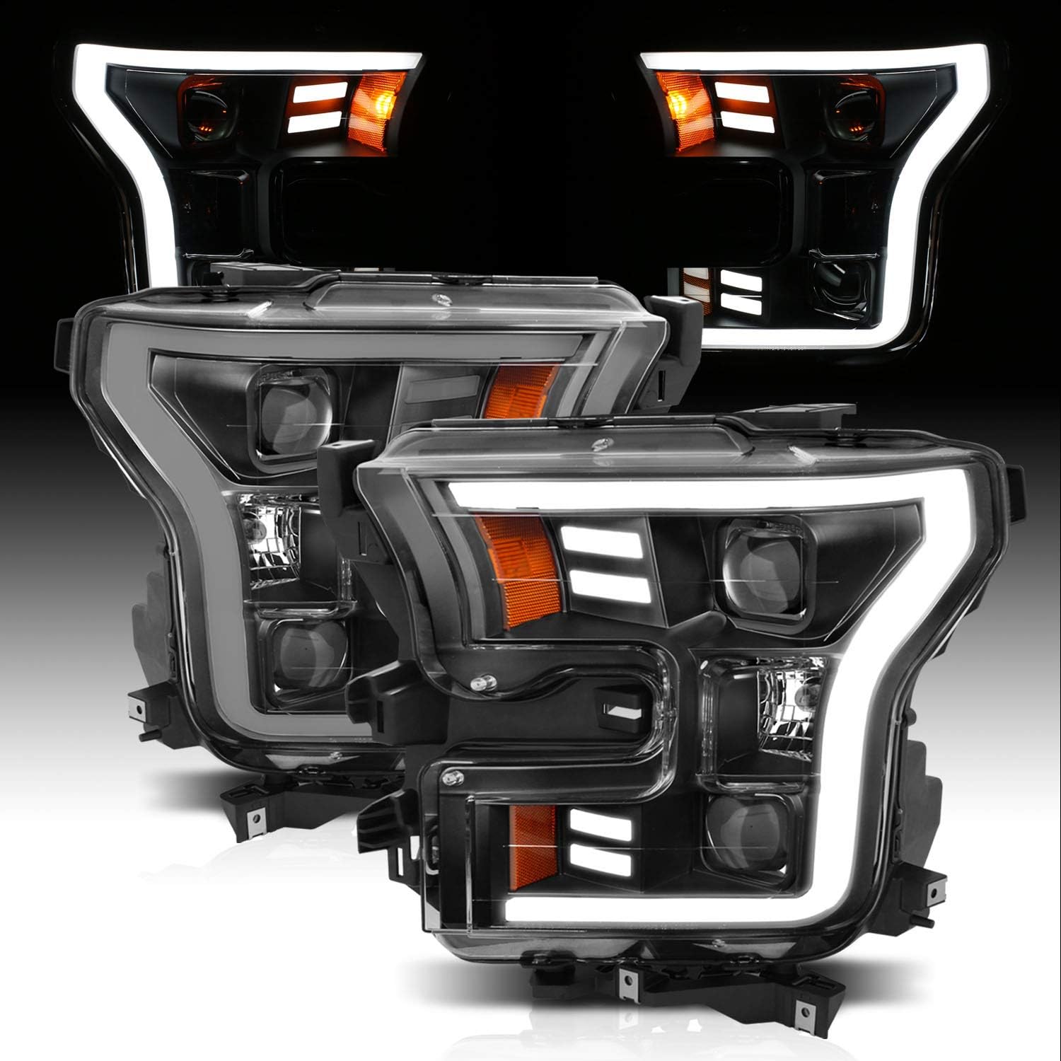 AmeriLite For 2015-2017 Ford F150 Pickup [Halogen Type] Black LED Tube Parking Light Bar Dual Square Projector Headlights Set - Driver and Passenger Side