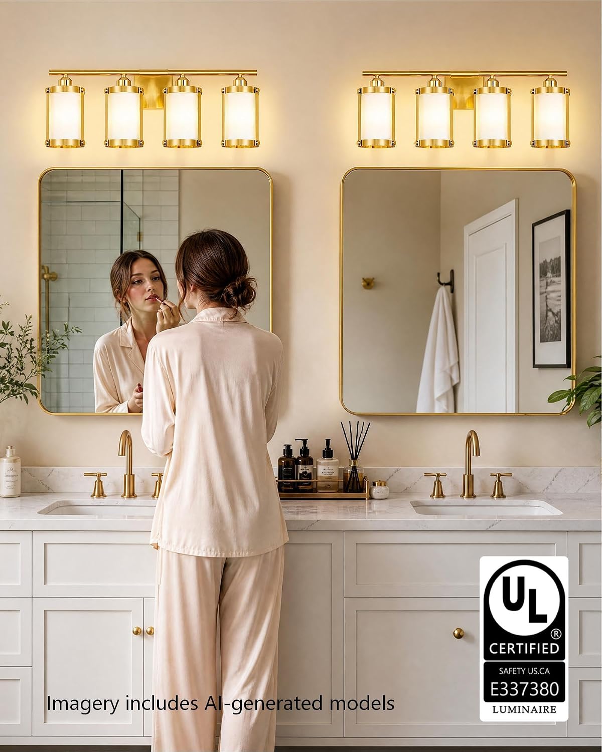 4-Light Brushed Gold Bathroom Light Fixtures with Milk White Frosted Glass, 29' UL-Listed Modern Wall Sconce Over Mirror with Metal Cage for Bath, Hardwire E26, OS-3014BGW-4W