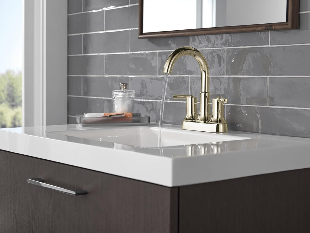 Delta Trinsic High Arc Centerset Bathroom Faucet, Polished Nickel 3-Hole Bathroom Sink Faucet, Metal Push-Pop Drain Assembly, Polished Nickel 2559-PNMPU-DST