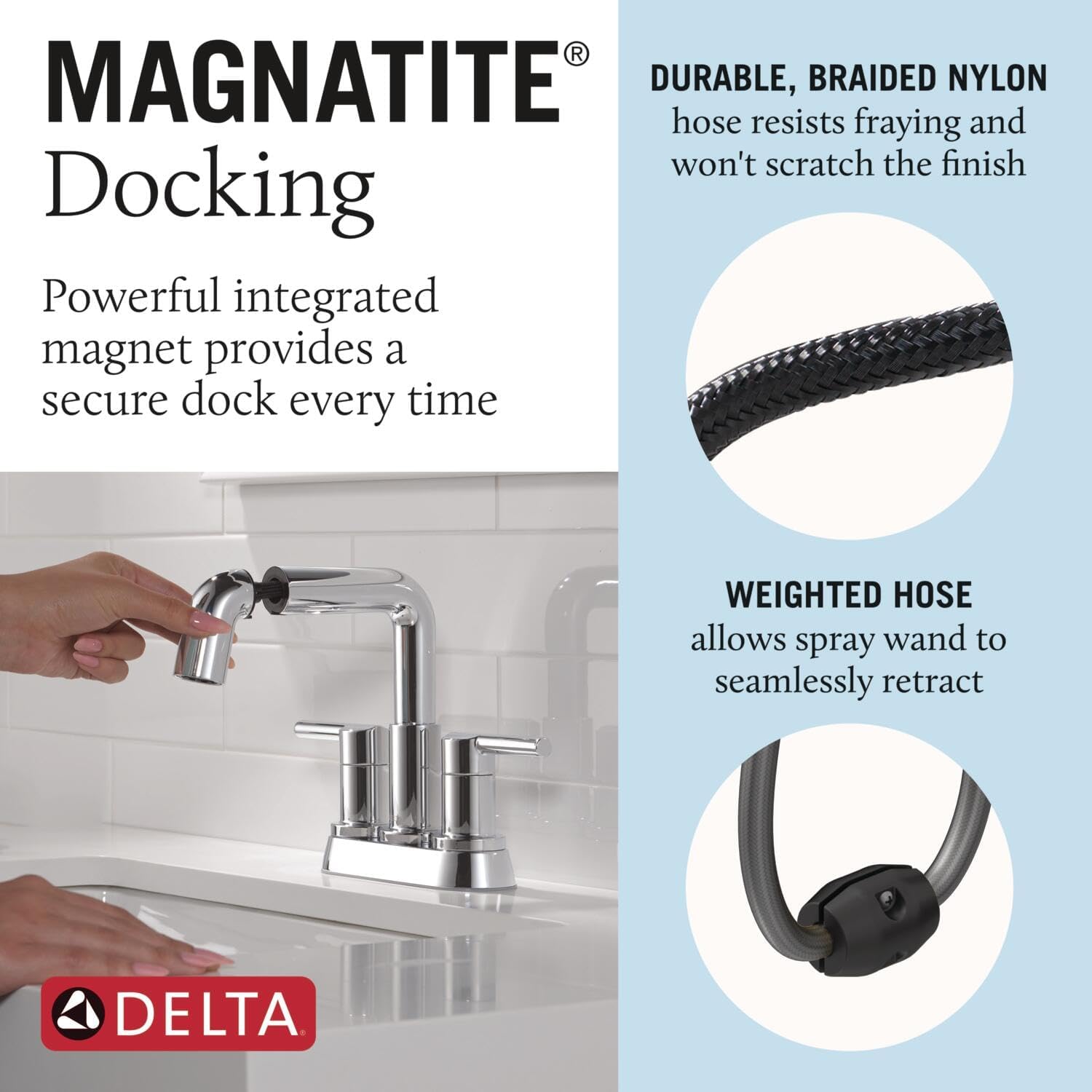 Delta Nicoli Centerset Chrome Bathroom Faucet with Sprayer, 4 Inch 3 Hole Bathroom Sink Faucet with Pull Out Sprayer, Push-Pop Drain, Chrome 25849LF-PD
