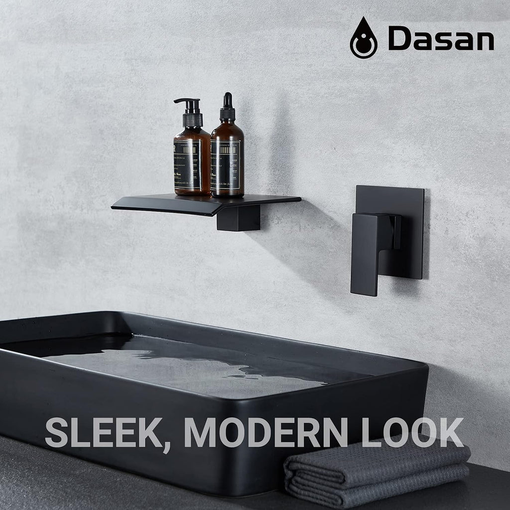 DASAN Wall Mount Waterfall Bathroom Faucet Matte Black in Wall Sink Faucet, Single Handle Wall Mounted Modern Faucet for Bathroom with Upgraded Rough in Valve