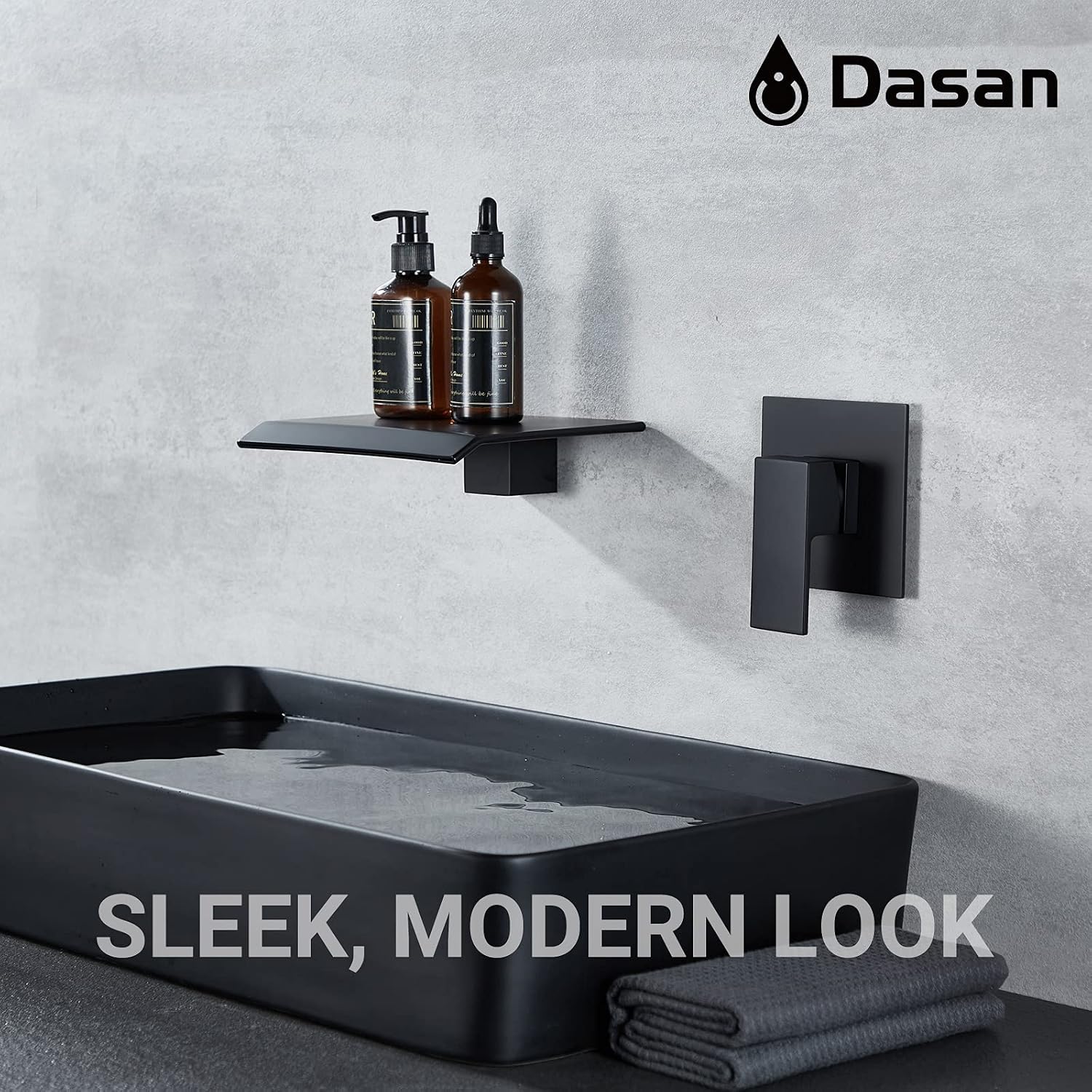 DASAN Wall Mount Waterfall Bathroom Faucet Matte Black in Wall Sink Faucet, Single Handle Wall Mounted Modern Faucet for Bathroom with Upgraded Rough in Valve