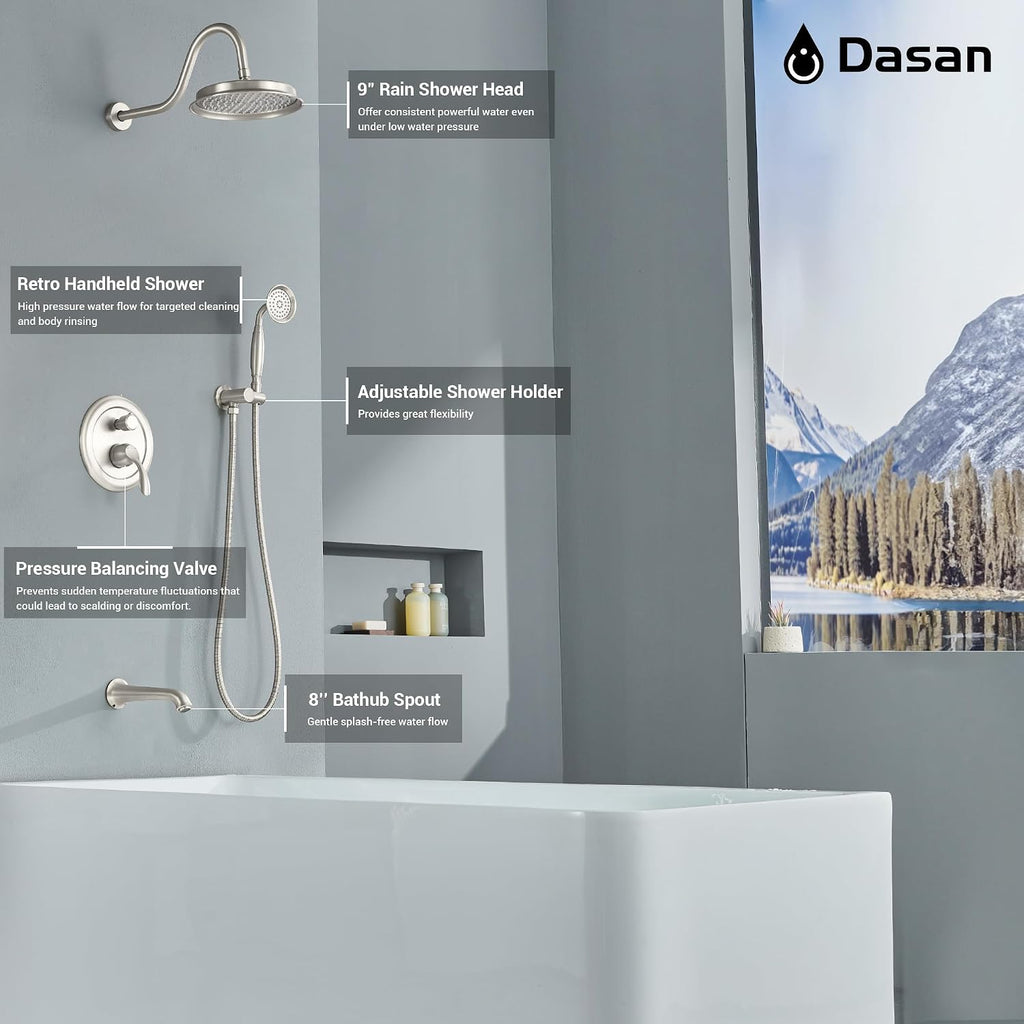 DASAN Brushed Nickel Shower System with Tub Spout, Tub and Shower Faucet Combo Set with Valve & Trim Kit Bathtub Shower Faucet Set Bathtub Shower System with Rainfall Shower Head & Handheld, AT309W-BN