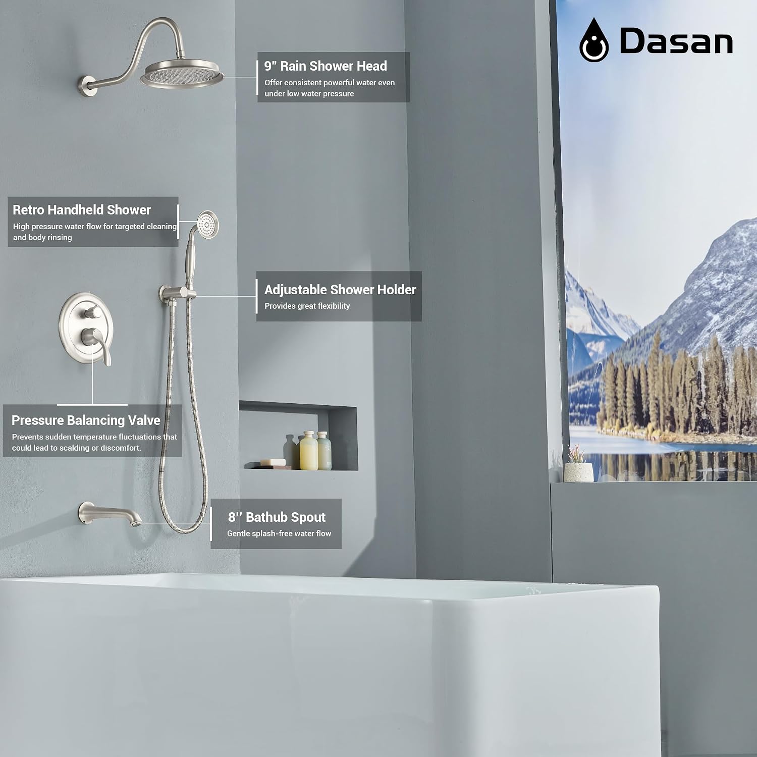 DASAN Brushed Nickel Shower System with Tub Spout, Tub and Shower Faucet Combo Set with Valve & Trim Kit Bathtub Shower Faucet Set Bathtub Shower System with Rainfall Shower Head & Handheld, AT309W-BN