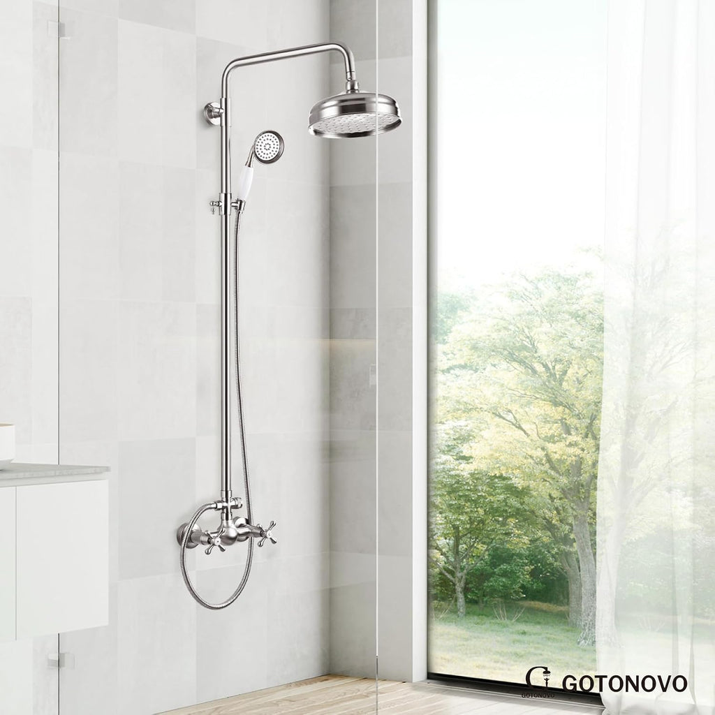 gotonovo Luxury Exposed Shower Faucet Set Bathroom Shower System 8 Inch Wall Mount Rainfall Shower Head with Handheld Spray Cross Double Handle Shower Fixture Adjustable Straight Rod Brushed Nickel