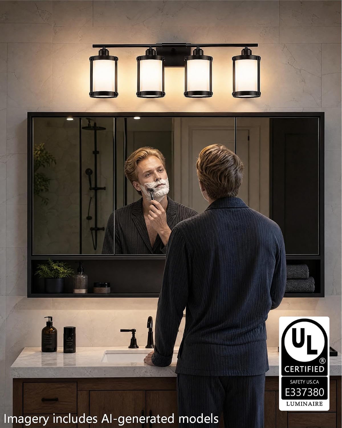 4-Light Black Bathroom Light Fixtures with Milk White Frosted Glass, 29' UL-Listed Modern Wall Sconce Over Mirror with Metal Cage for Bath, Hardwire E26, OS-3014BKW-4W