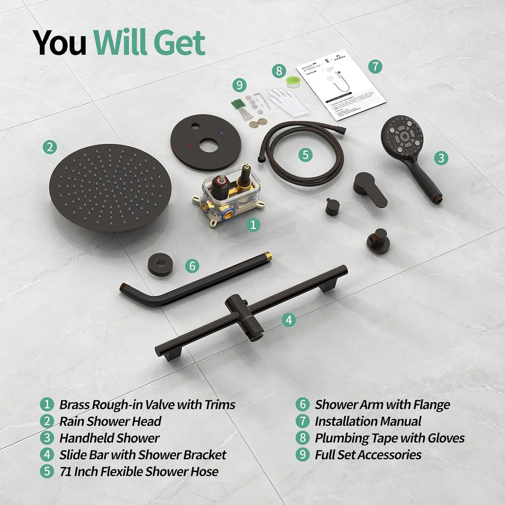 SR SUN RISE 12 Inch Oil Rubbed Bronze Shower System, Wall-Mount Adjustable 16-Inch Slide Bar with 6-Function Hand Shower Faucet Included Valve and Trim Kit