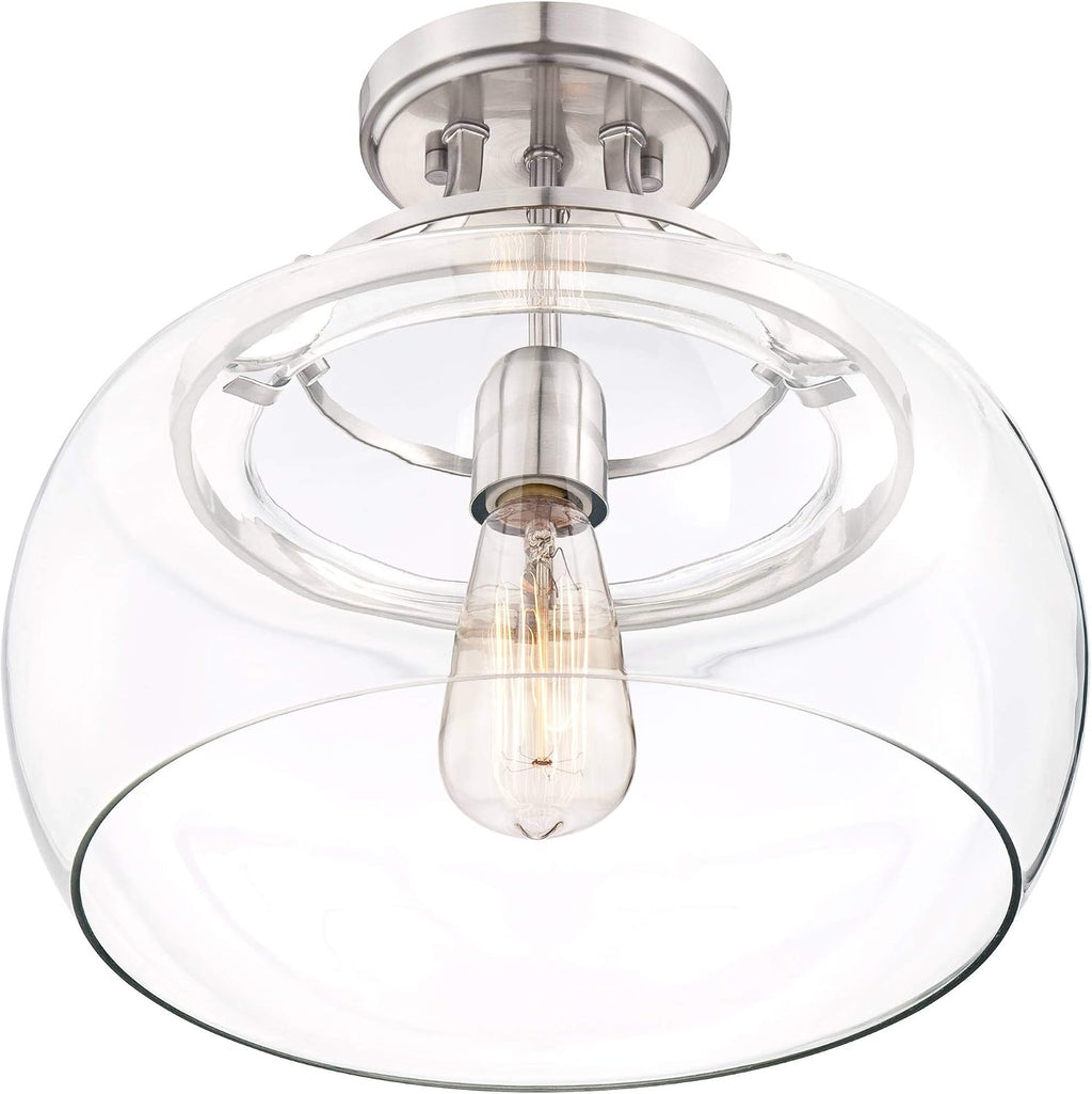 Franklin Iron Works Charleston Industrial Rustic Farmhouse Ceiling Light Semi Flush-Mount Fixture 13 1/2' Wide Brushed Nickel LED Clear Glass Shade for Bedroom Kitchen Living Room Hallway Dining