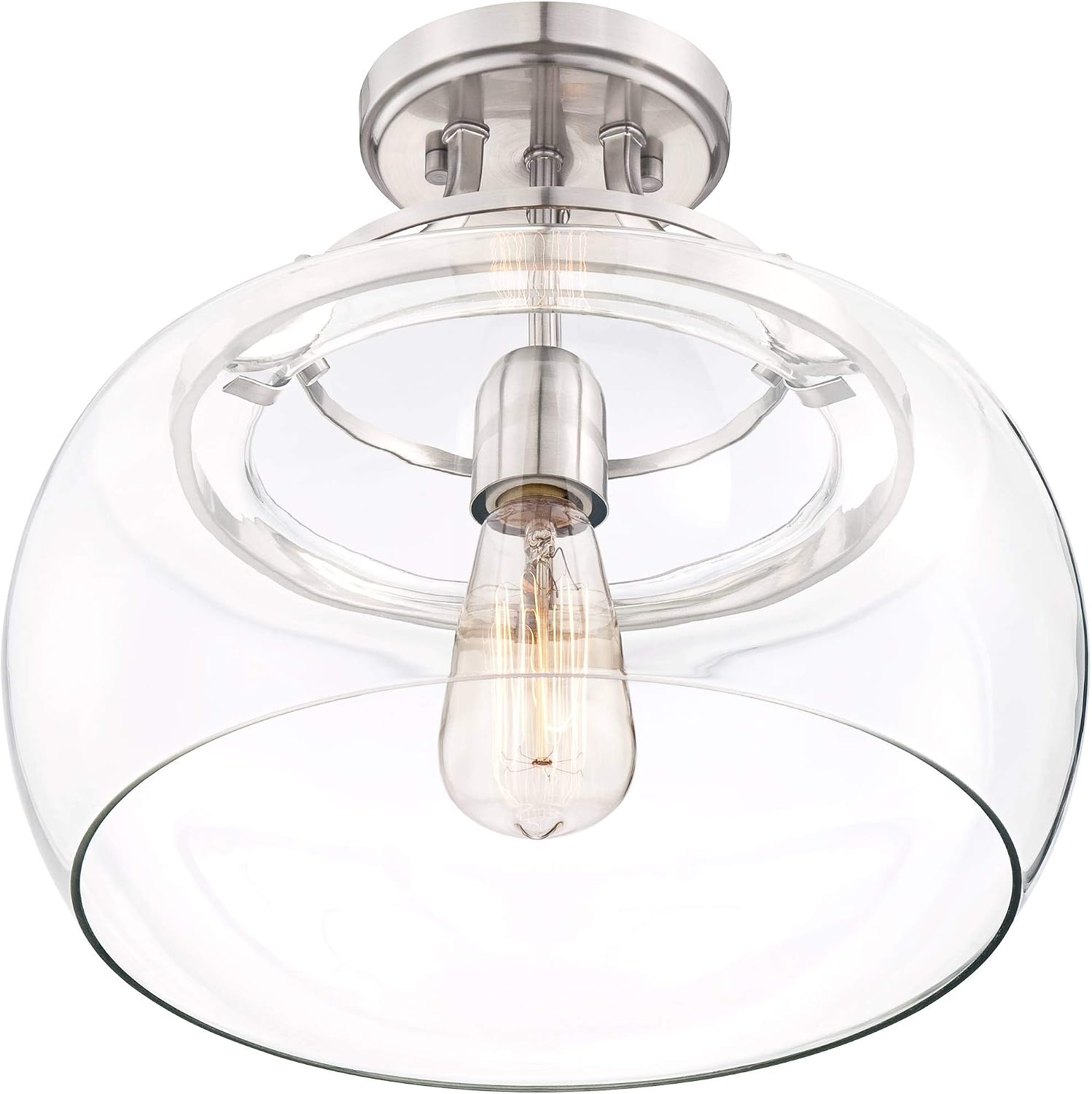Franklin Iron Works Charleston Industrial Rustic Farmhouse Ceiling Light Semi Flush-Mount Fixture 13 1/2' Wide Brushed Nickel LED Clear Glass Shade for Bedroom Kitchen Living Room Hallway Dining
