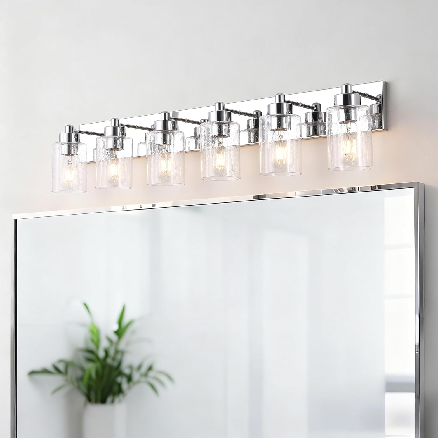JONATHAN Y 40' Chrome/Clear 6-Light Modern LED Vanity Light for Bathroom Mirror, Mid-Century Wall Sconce with Clear Seeded Glass Shades, Contemporary Iron Fixture, LED Bulbs (JYL7621C)