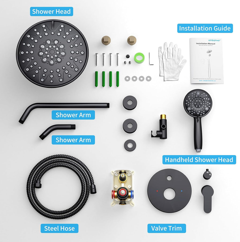 EMBATHER Black Shower Faucets Sets - Overhead Rain Head Shower System with 8-Mode High Pressure Handheld Complete Combo and Mixer Valve Trim Kit - 3-Way Rainfall Shower Fixture for Luxury Bathroom