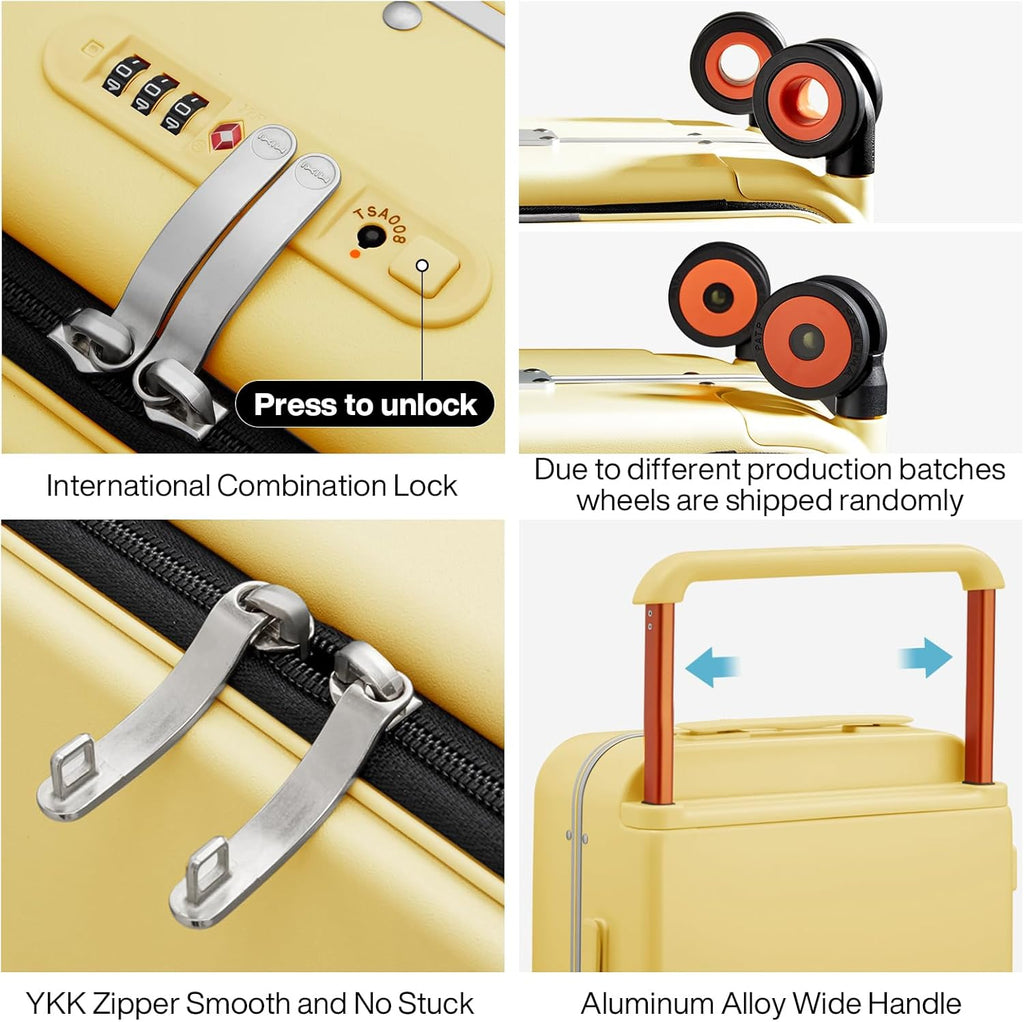 mixi Carry On Luggage Wide Handle Luxury Design Rolling Travel Suitcase PC Hardside with Aluminum Frame Hollow Spinner Wheels, with Cover, 20 inch, Lark Yellow