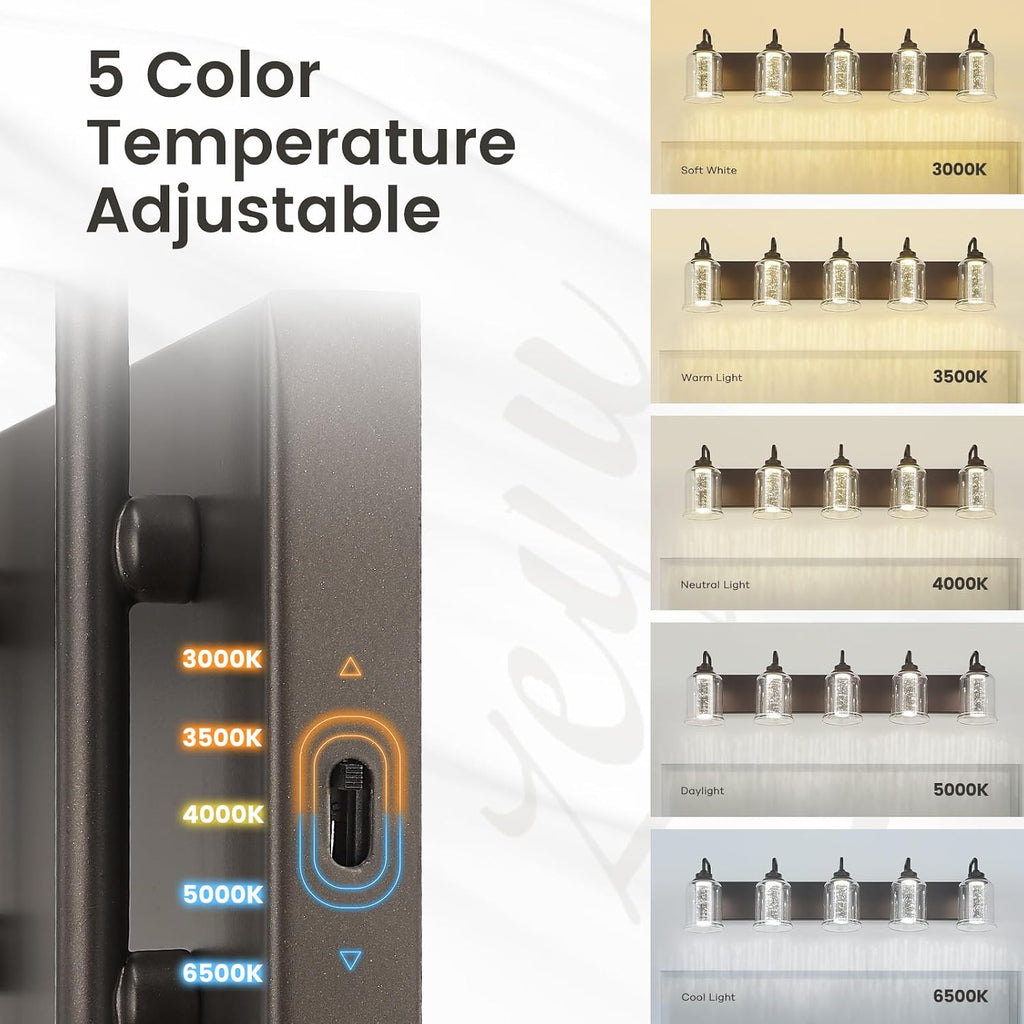 zeyu 25W LED Bathroom Lights, 5-Light Vanity Lighting Fixtures for Bathroom with 5 Color Modes, Oil Rubbed Bronze Finish with Crystal Bubble and Clear Glass, ZSL72B-5W LED ORB-1