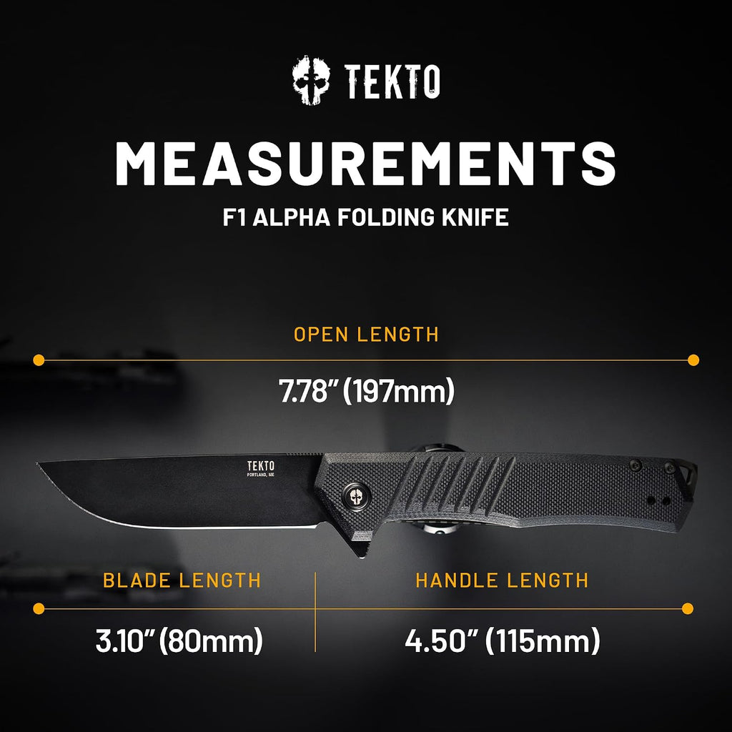 TEKTO F1 Alpha Folding Pocket Knife - Modified Straight Back Blade, Titanium Coated D2 Steel, Tactical Knife, EDC Folding Pocket Knives for Camping, Hunting & Backpacking - G10 Black, Black Accents