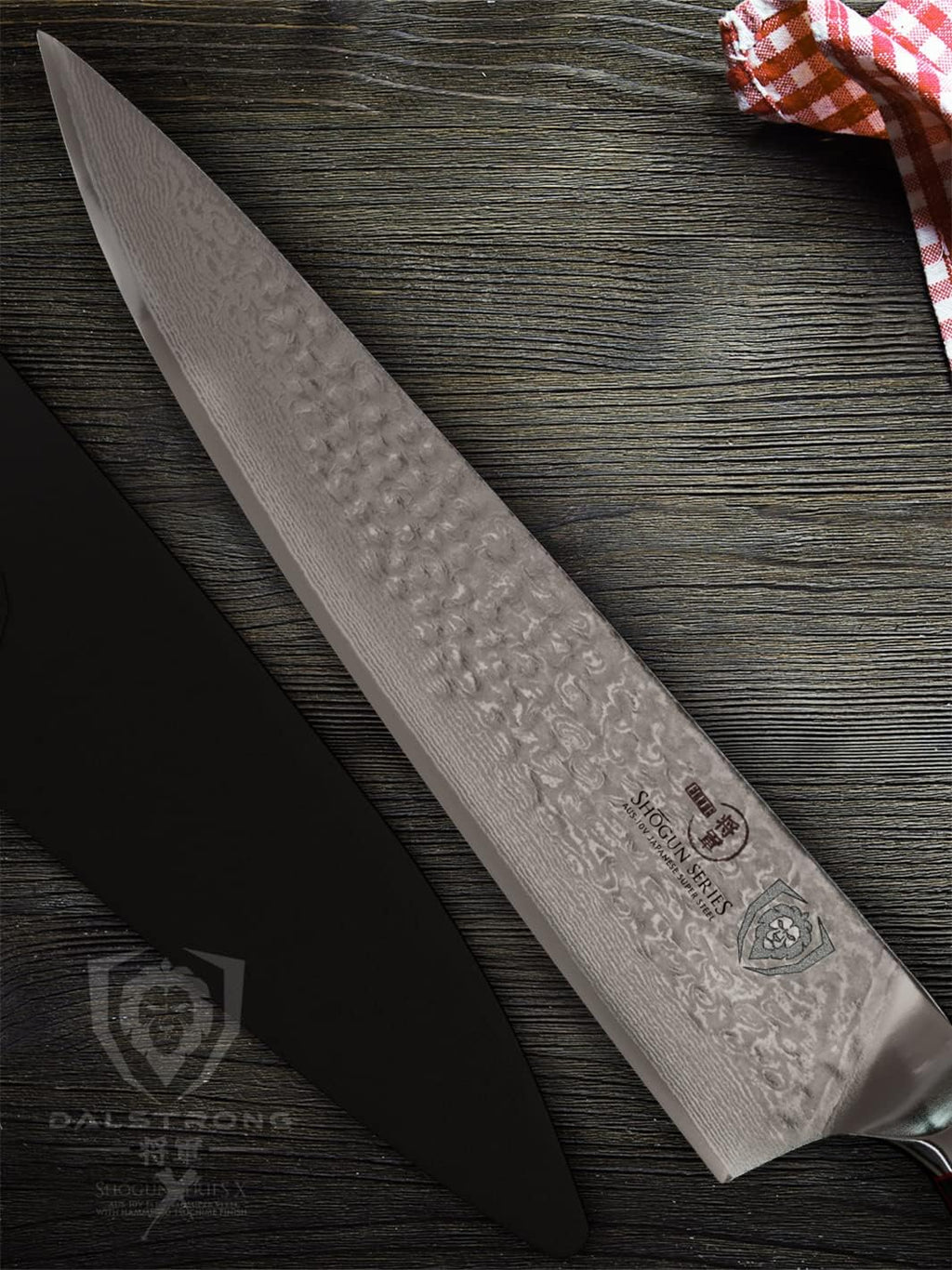 Dalstrong Chef Knife - 10.25 inch Blade - Shogun Series ELITE - Damascus - Japanese AUS-10V Super Steel - G10 Black Handle - Razor Sharp Kitchen Knife - Hammered Finish - Chef's Knife - Sheath