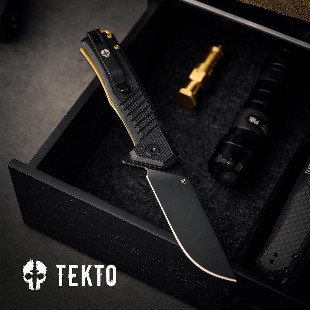 TEKTO F1 Alpha Folding Pocket Knife - Modified Straight Back Blade, Titanium Coated D2 Steel, Tactical Knife, EDC Folding Pocket Knives for Camping, Hunting & Backpacking - G10 Black, Bronze Accents
