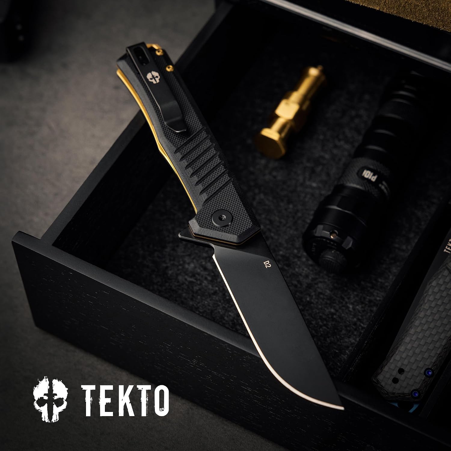 TEKTO F1 Alpha Folding Pocket Knife - Modified Straight Back Blade, Titanium Coated D2 Steel, Tactical Knife, EDC Folding Pocket Knives for Camping, Hunting & Backpacking - G10 Black, Bronze Accents