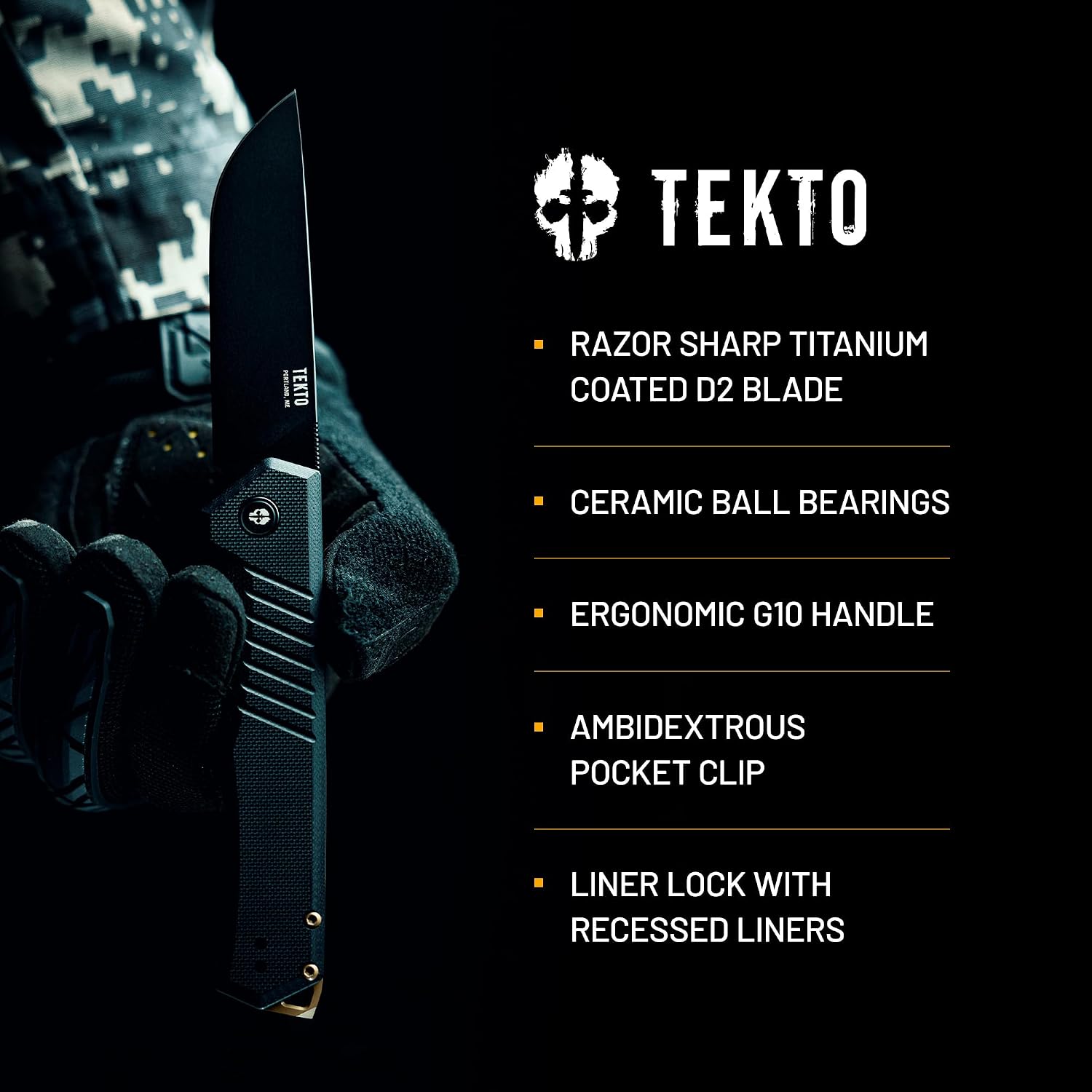 TEKTO F1 Alpha Folding Pocket Knife - Modified Straight Back Blade, Titanium Coated D2 Steel, Tactical Knife, EDC Folding Pocket Knives for Camping, Hunting & Backpacking - G10 Black, Bronze Accents