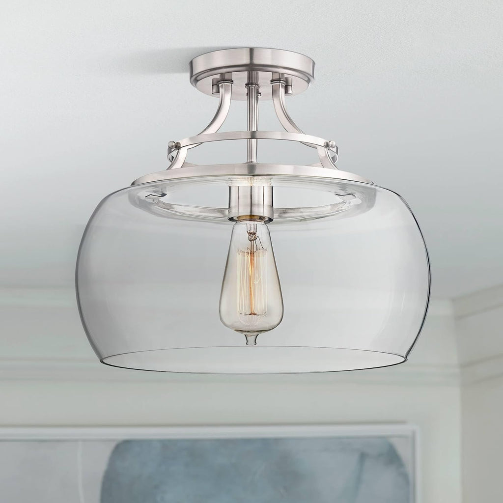 Franklin Iron Works Charleston Industrial Rustic Farmhouse Ceiling Light Semi Flush-Mount Fixture 13 1/2' Wide Brushed Nickel LED Clear Glass Shade for Bedroom Kitchen Living Room Hallway Dining