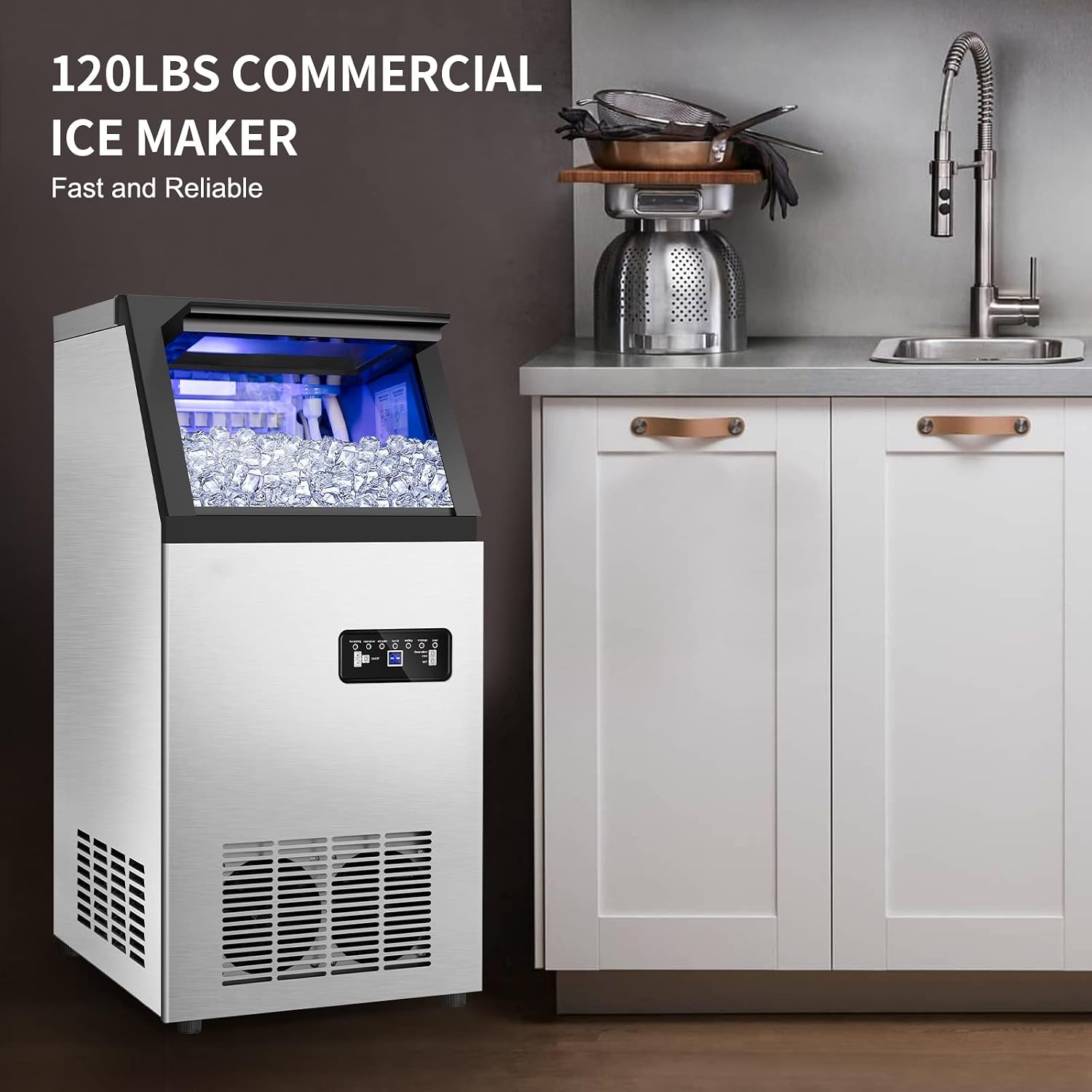 Commercial Ice Maker Machine 120Lbs/24H with 35Lbs Ice Capacity, 45Pcs Clear Ice Cubes Ready in 11-20Mins, Stainless Steel Under Counter Freestanding Large Ice Machine, 2 Water Inlet Modes