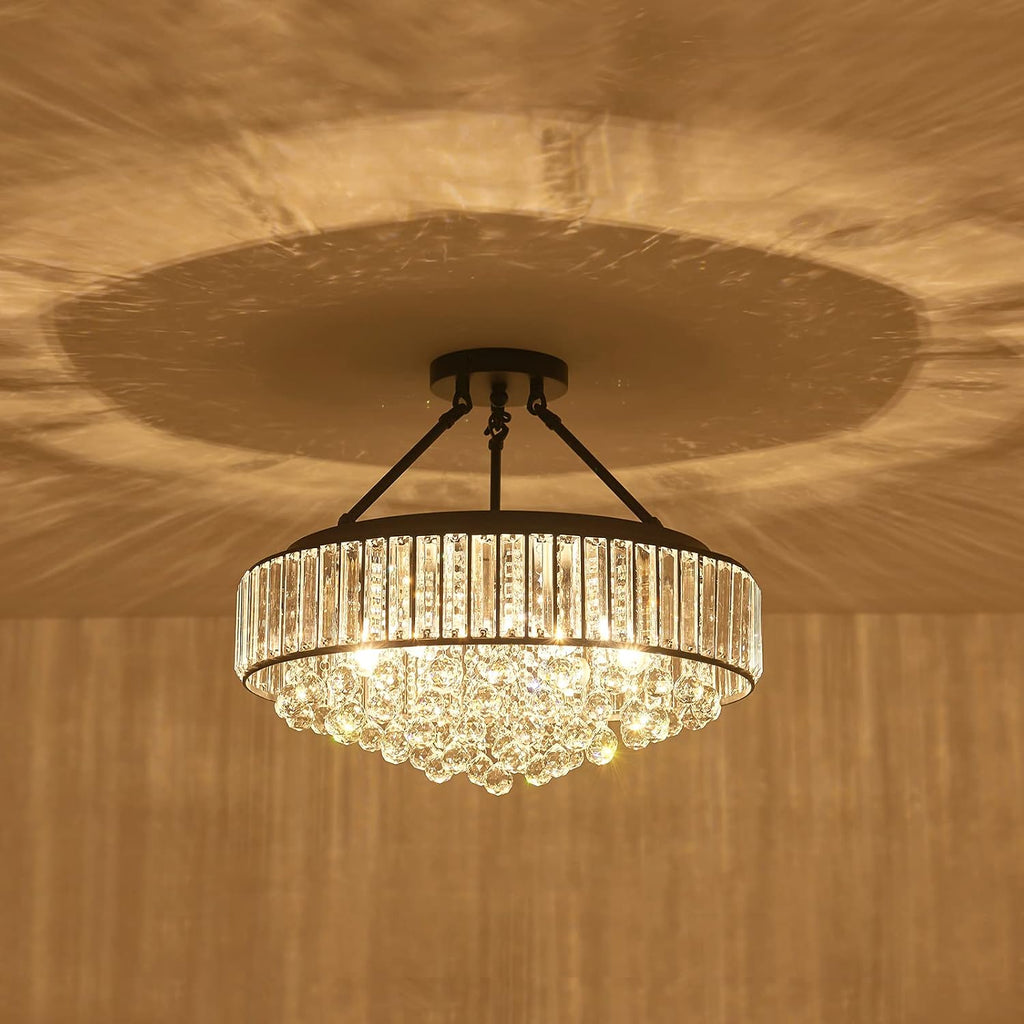 YYJLX 6-Light Modern Large Crystal Chandelier Black Metal E26 Semi Flush Mount Round Light Fixture Ceiling Lamp Farmhouse for Dining Living Room Laundry Foyer Kitchen Balcony Bedroom
