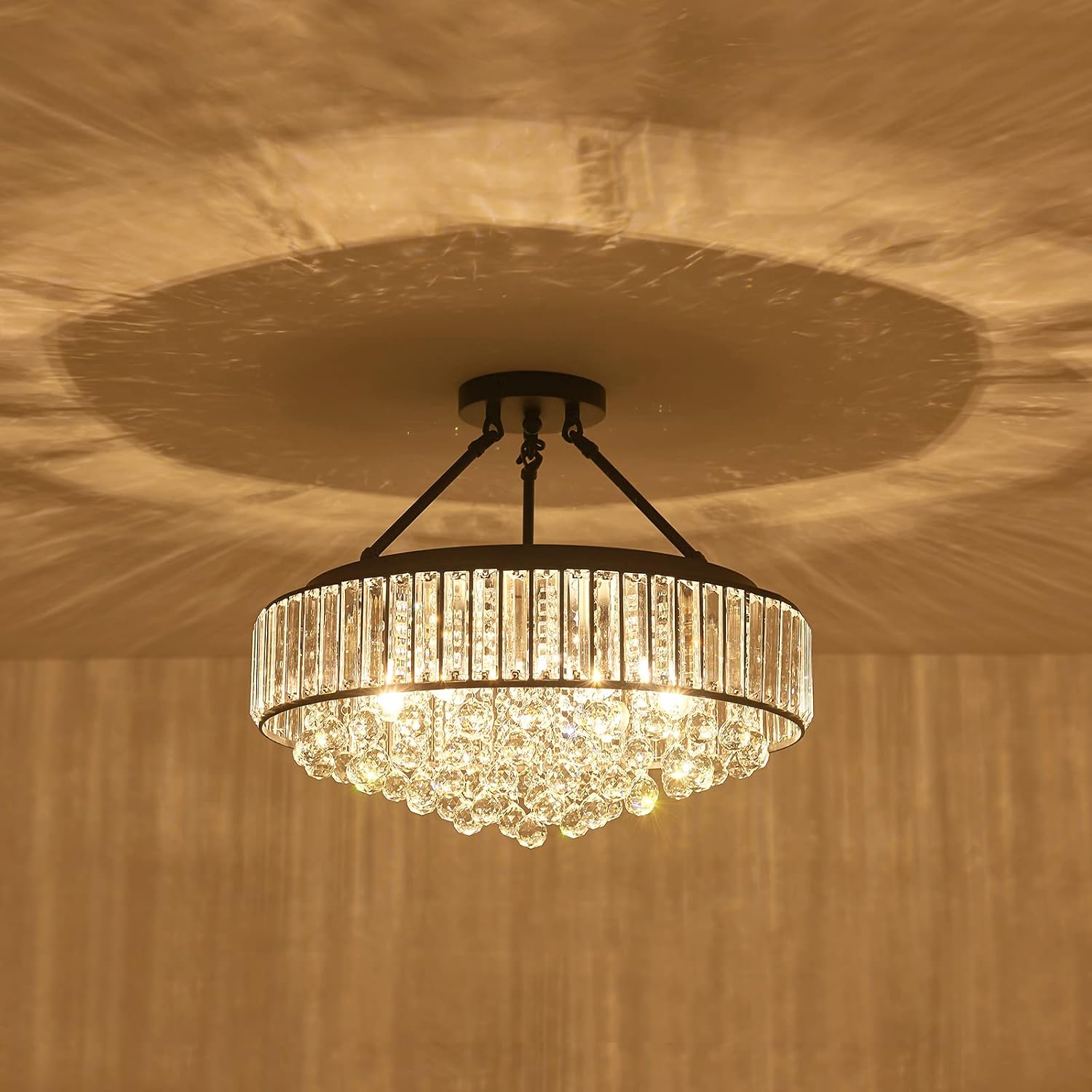 YYJLX 6-Light Modern Large Crystal Chandelier Black Metal E26 Semi Flush Mount Round Light Fixture Ceiling Lamp Farmhouse for Dining Living Room Laundry Foyer Kitchen Balcony Bedroom